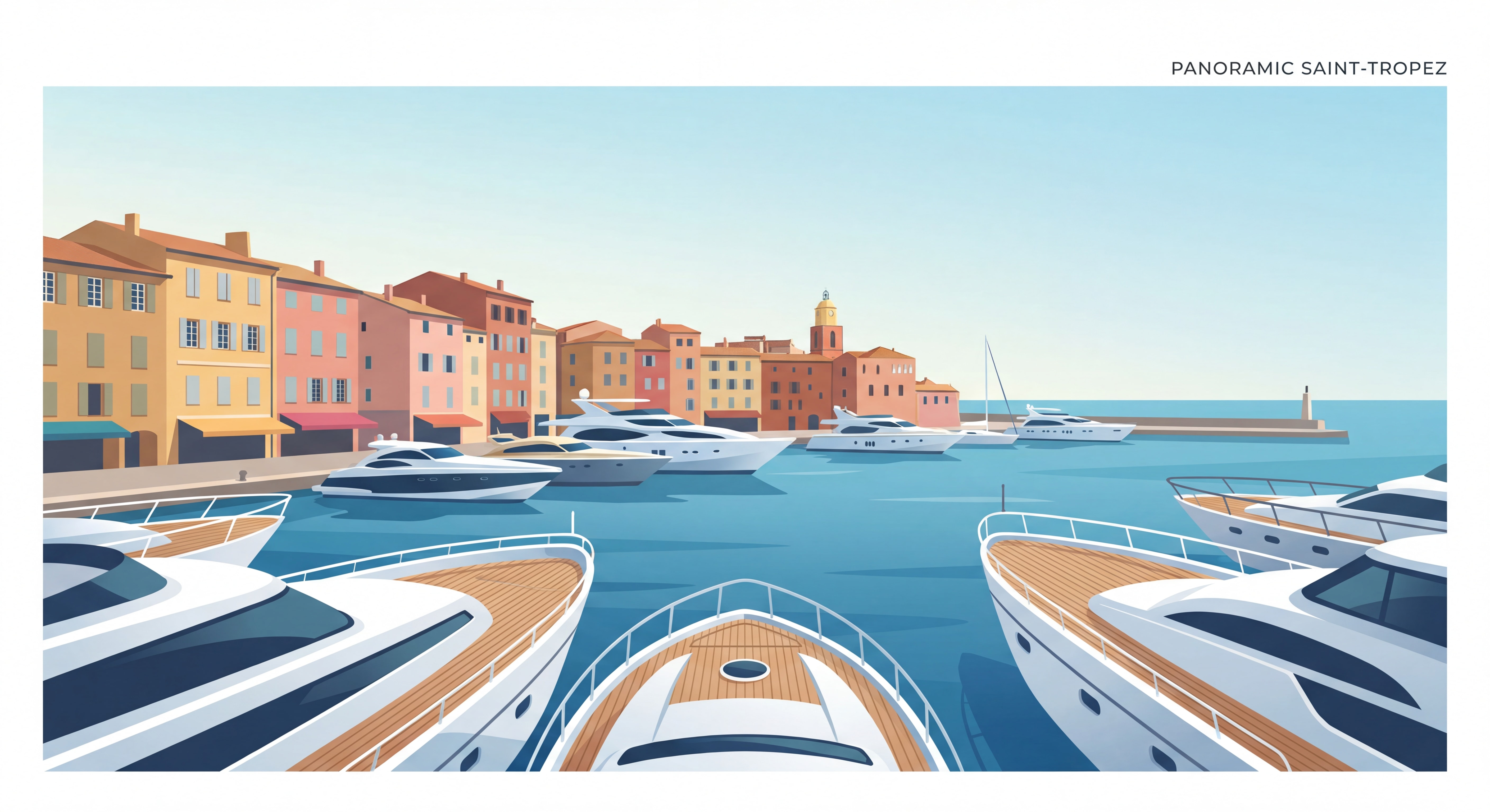 Vue panoramique du port de Saint-Tropez avec yachts de luxe et façades colorées