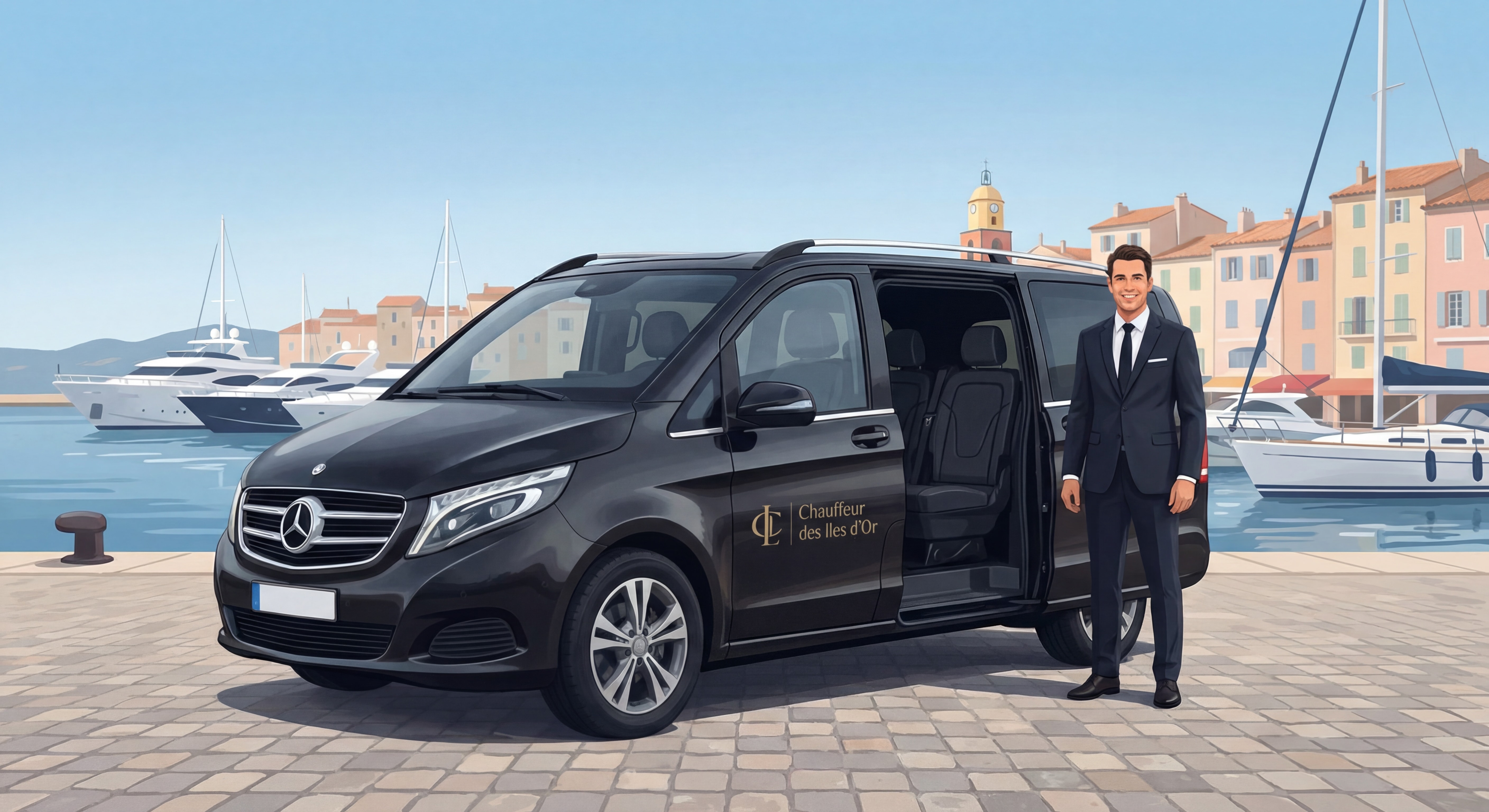 Van Mercedes noir floqué Chauffeur des Iles d'Or devant le port de Saint-Tropez avec chauffeur en costume