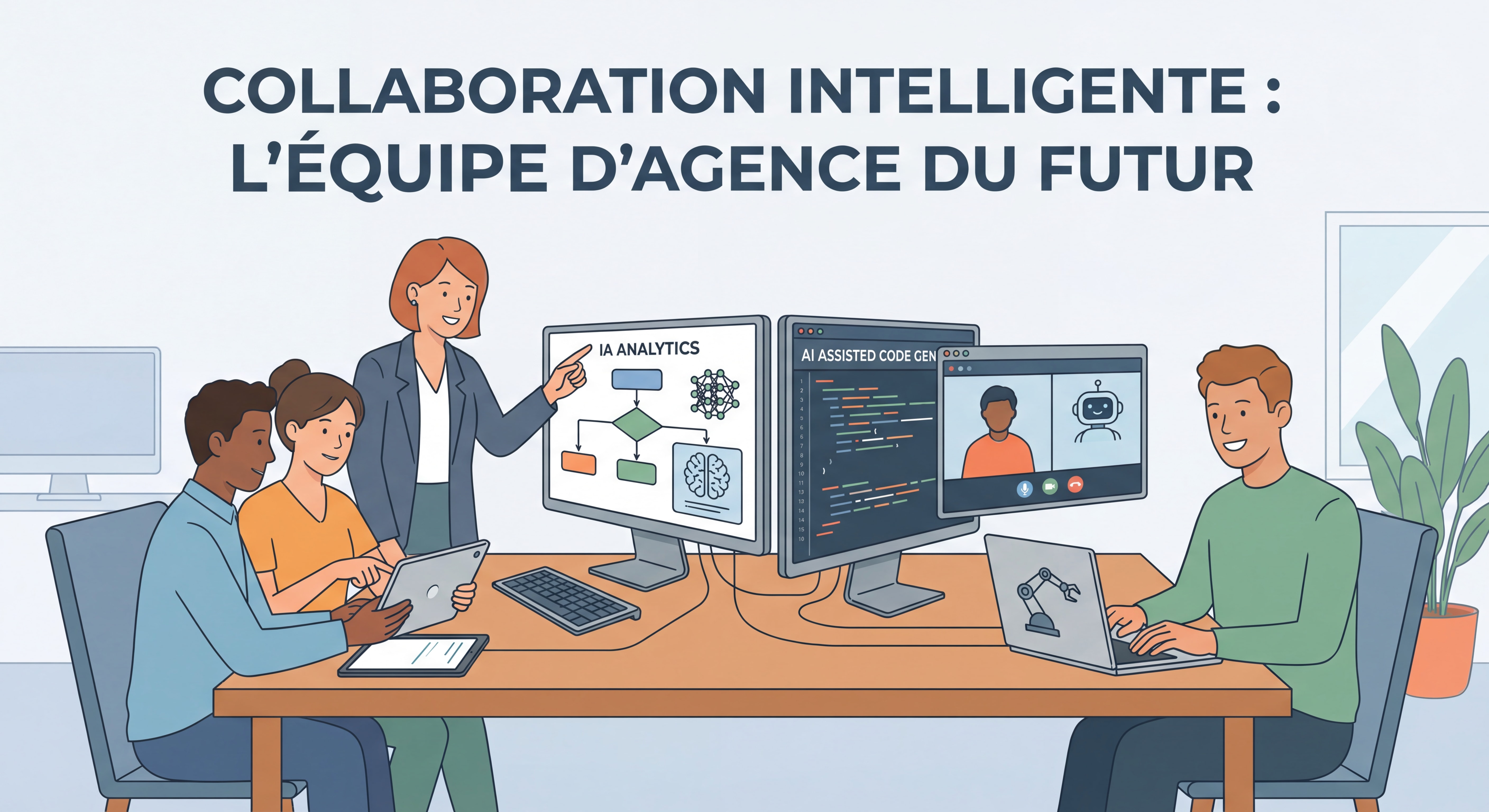 Équipe d'agence web collaborant avec des outils d'intelligence artificielle sur des écrans multiples