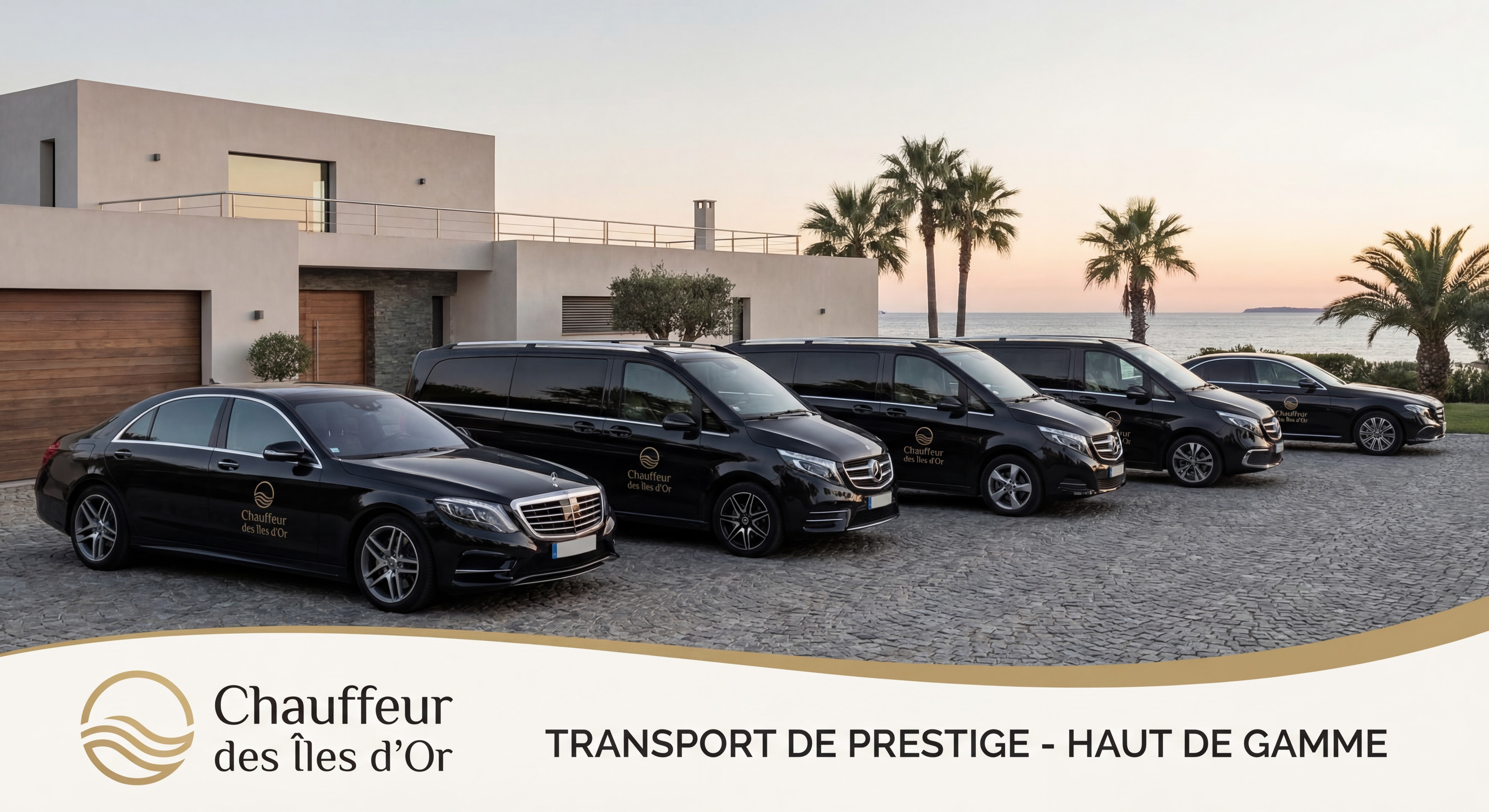 Flotte de véhicules Mercedes noirs alignés avec logo Chauffeur des Îles d'Or