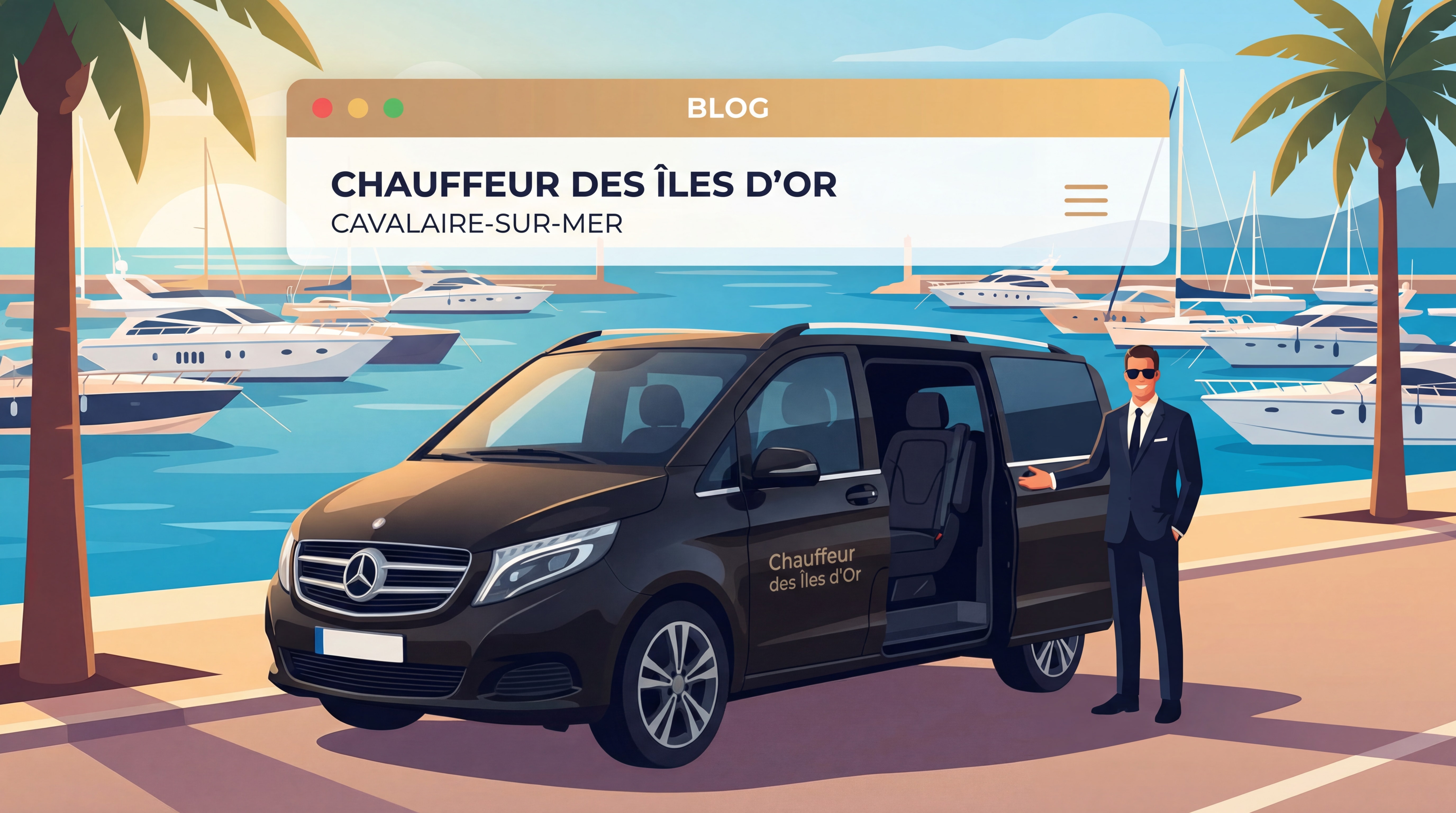 Van Mercedes noir Chauffeur des Îles d'Or devant le port de plaisance de Cavalaire-sur-Mer avec chauffeur en costume