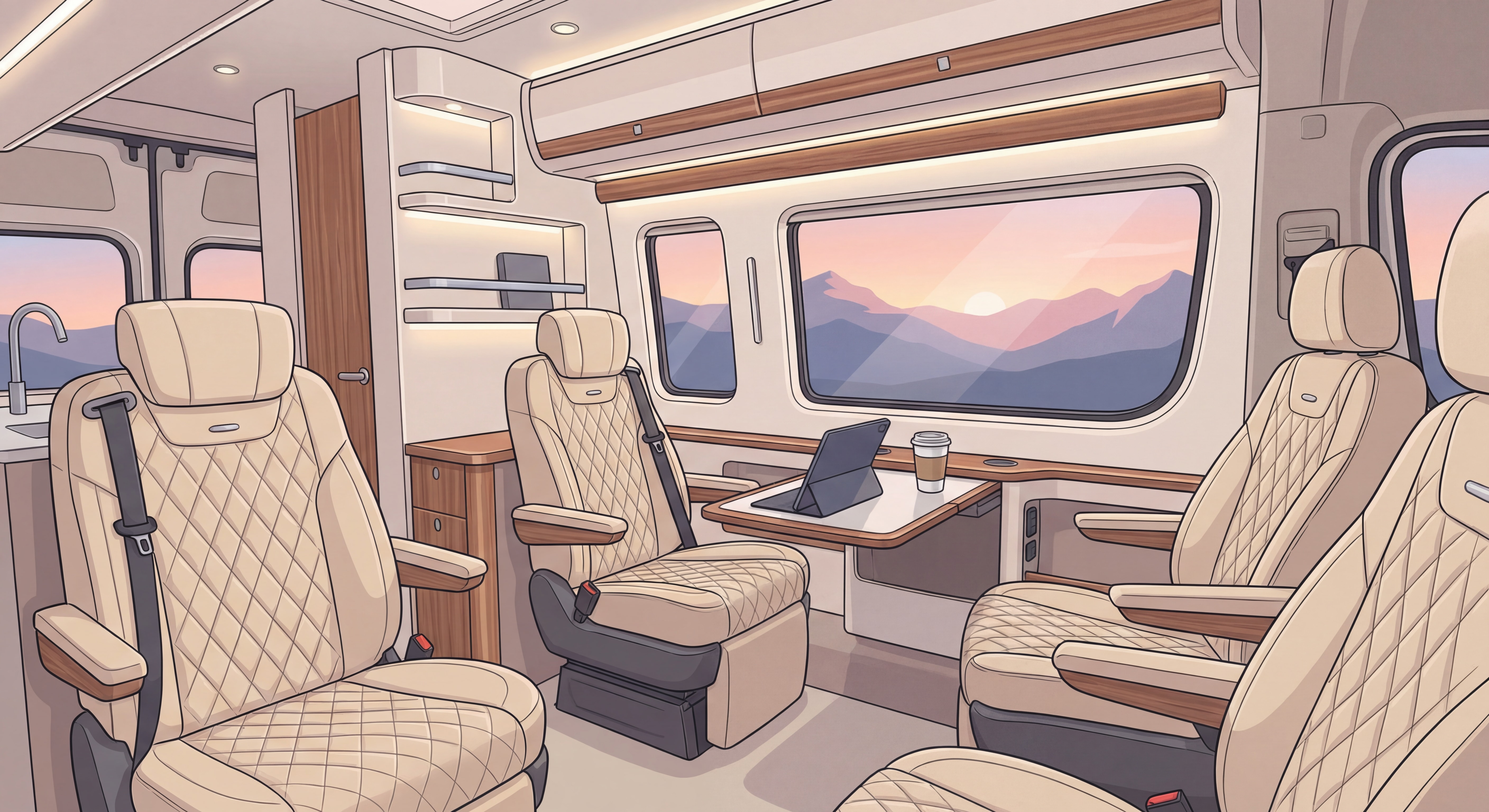 Intérieur luxueux d'un van Mercedes avec sièges en cuir et espace confortable