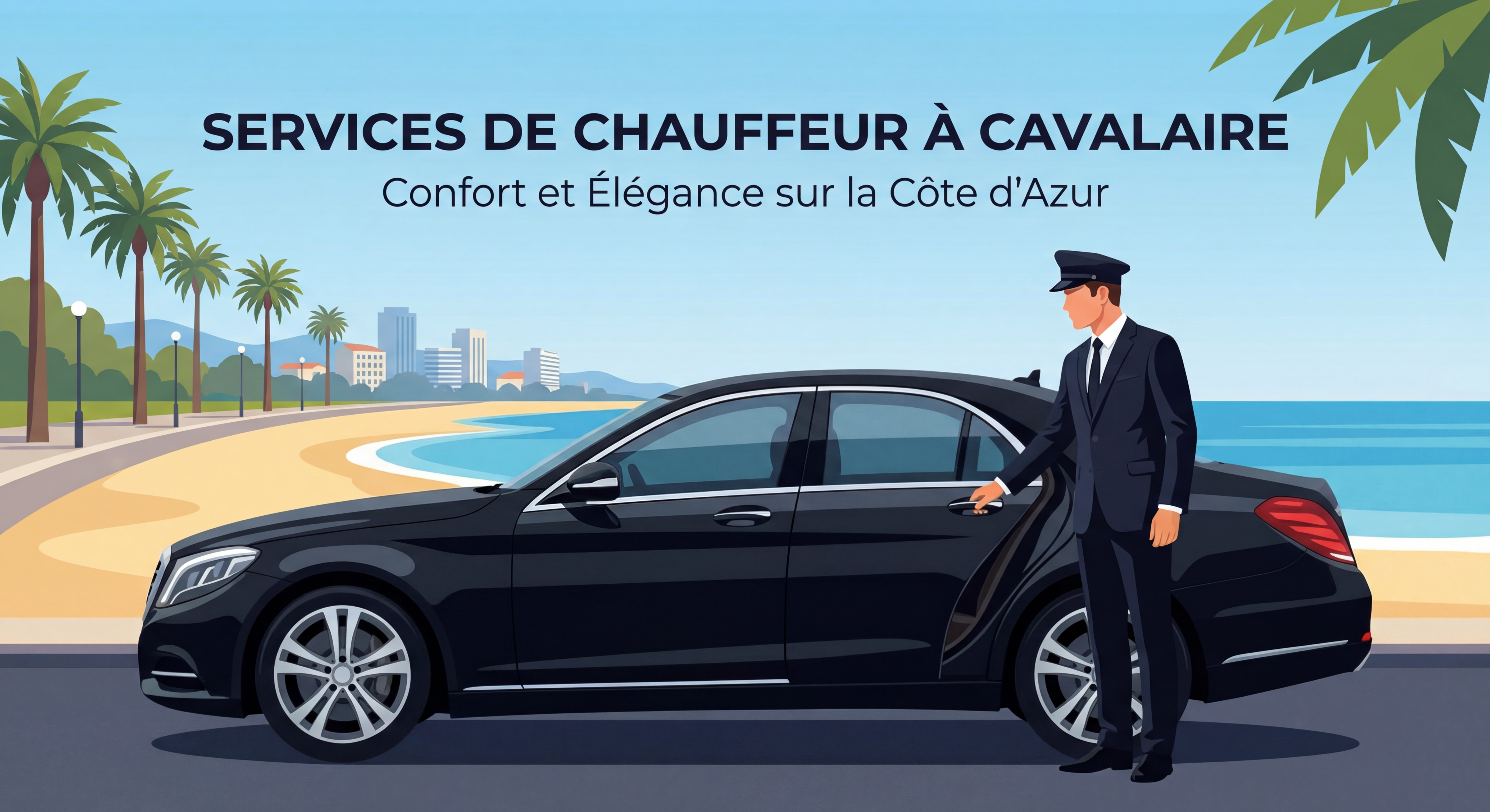 Chauffeur professionnel en costume ouvrant la porte d'un véhicule Mercedes noir devant la plage du centre-ville de Cavalaire