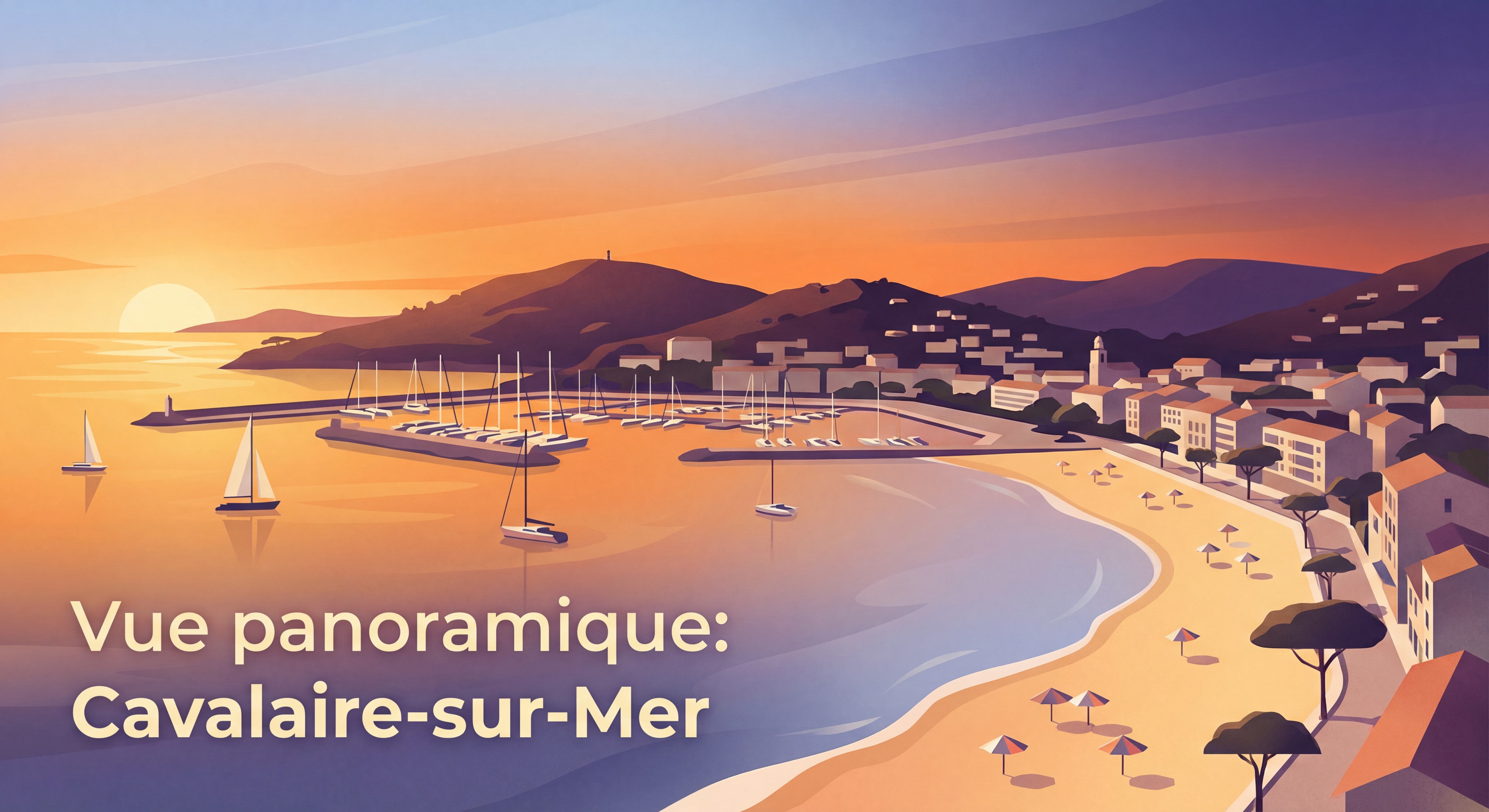 Vue panoramique de la baie de Cavalaire-sur-Mer avec ses plages et son port de plaisance au coucher du soleil