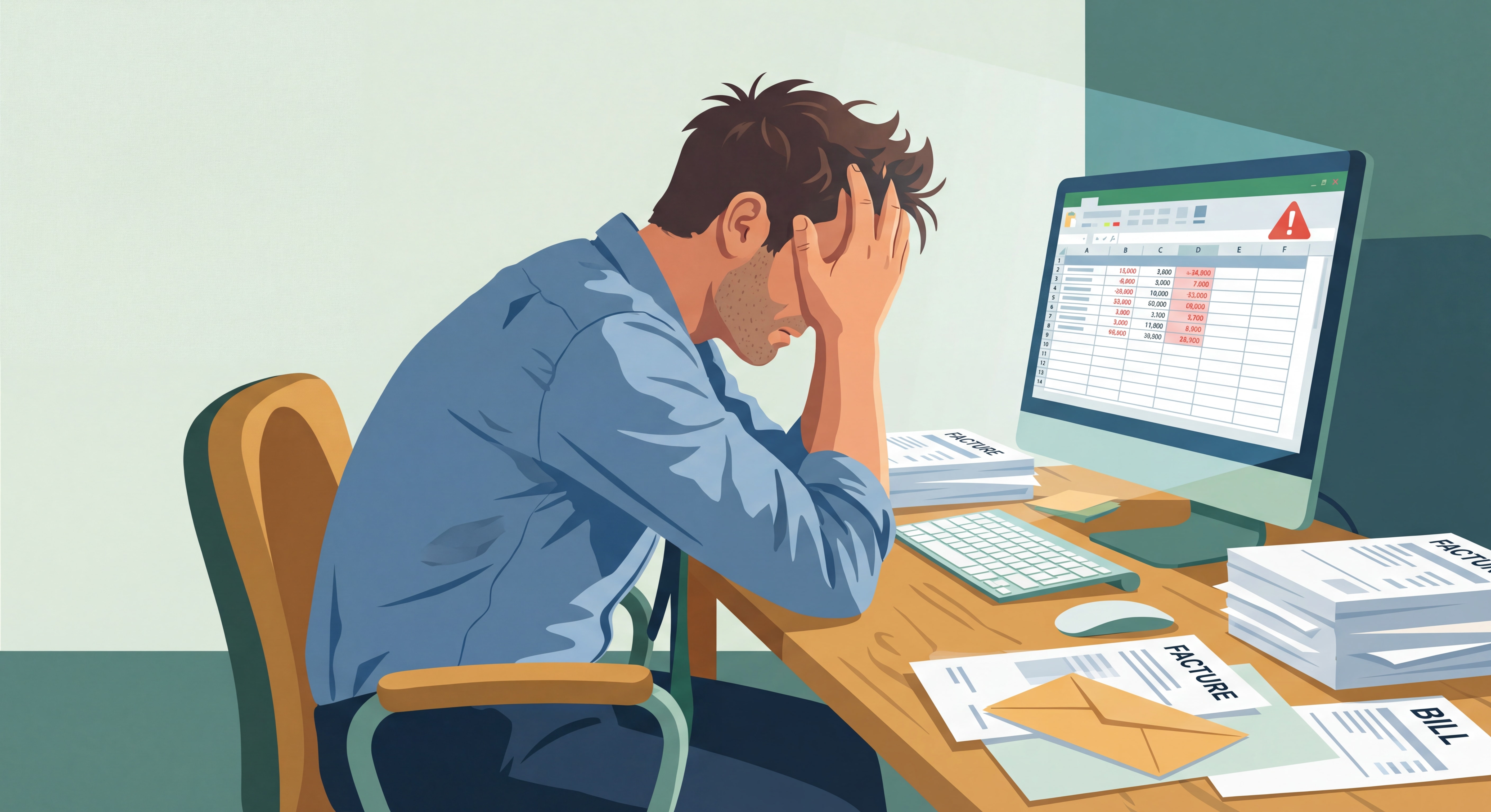 Homme stressé devant son ordinateur avec factures éparpillées sur le bureau