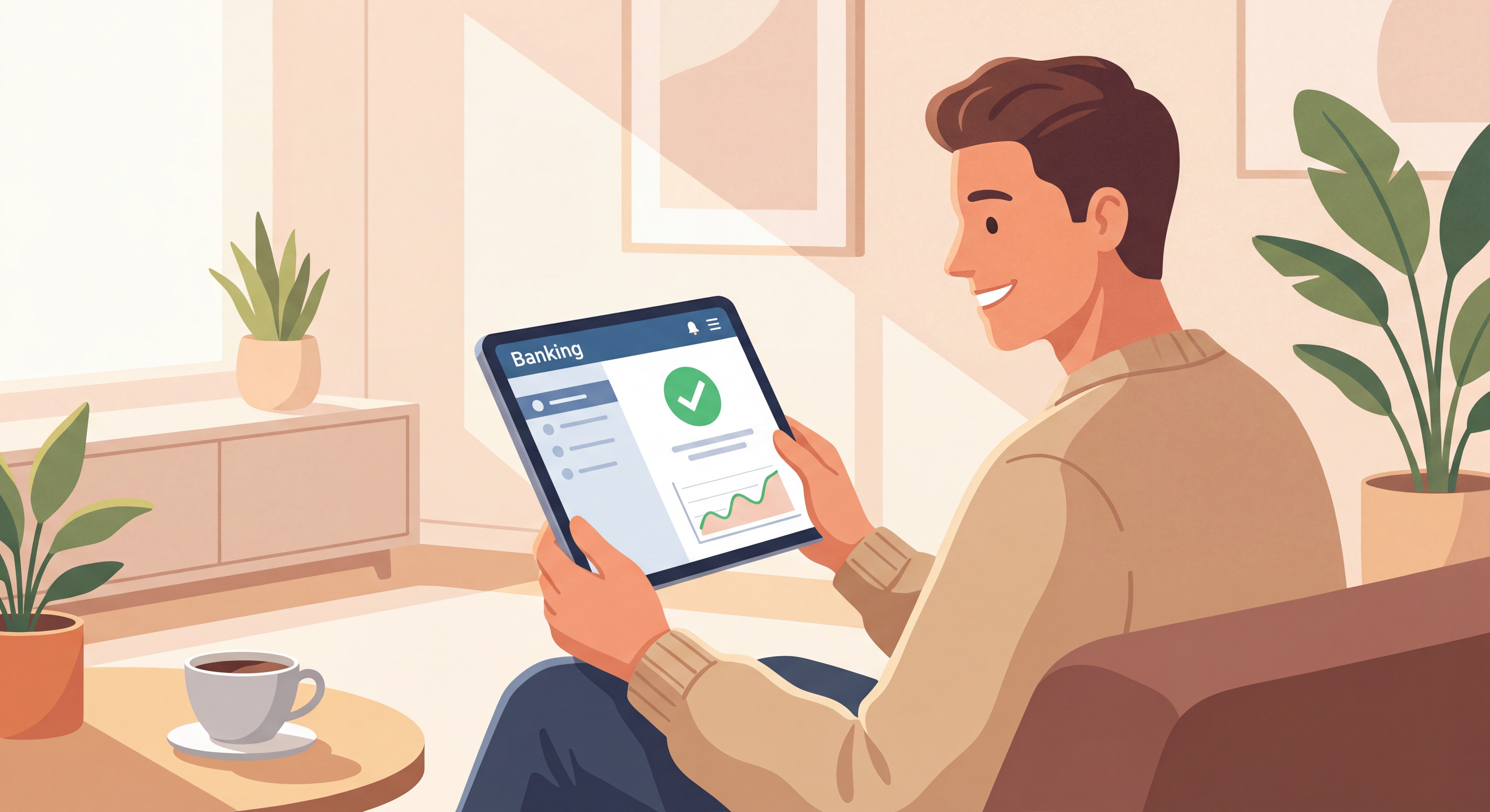 Personne heureuse et détendue consultant son application bancaire avec un sourire