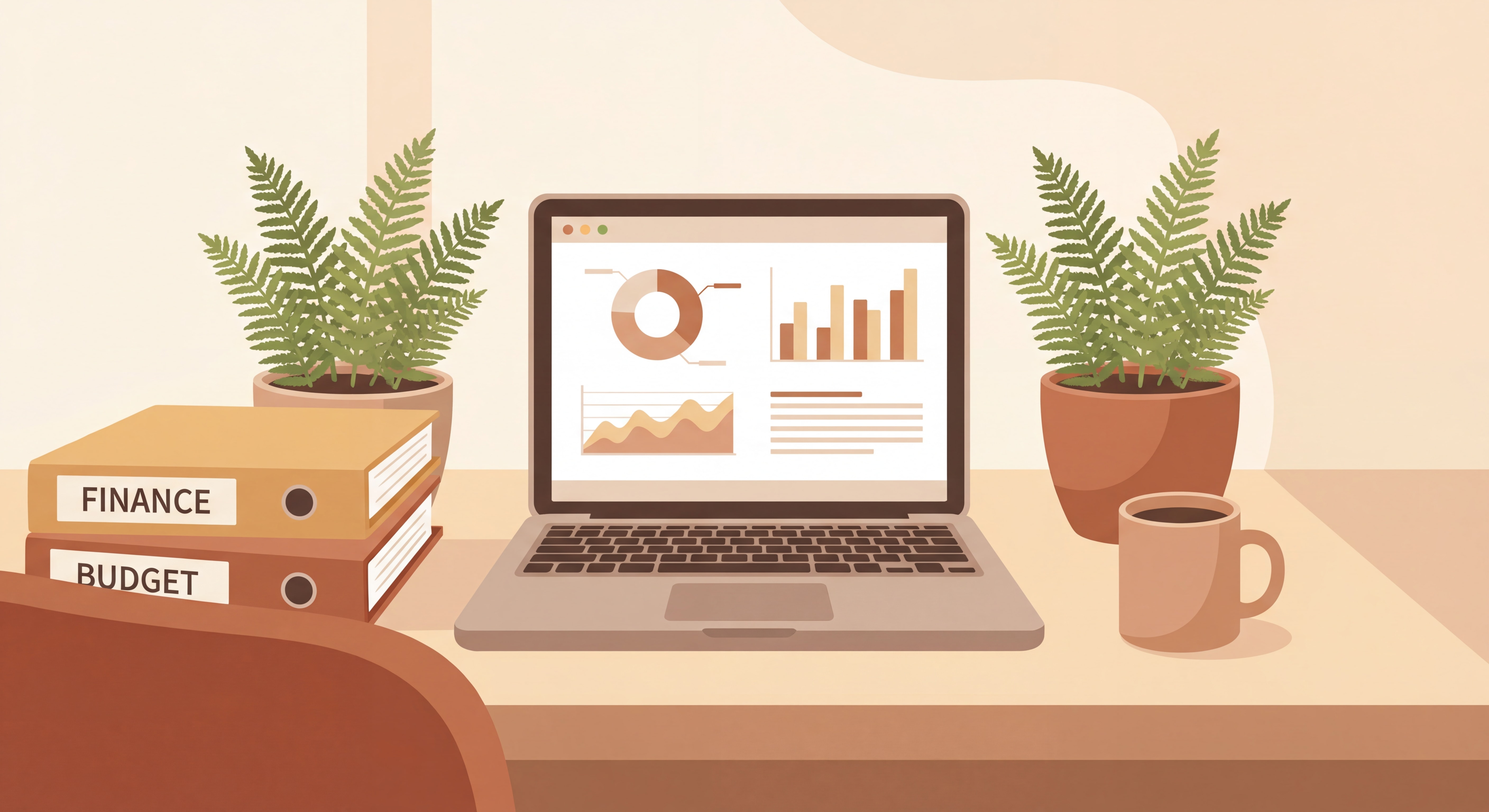 Espace de travail cosy à domicile avec ordinateur, documents financiers organisés et plante verte