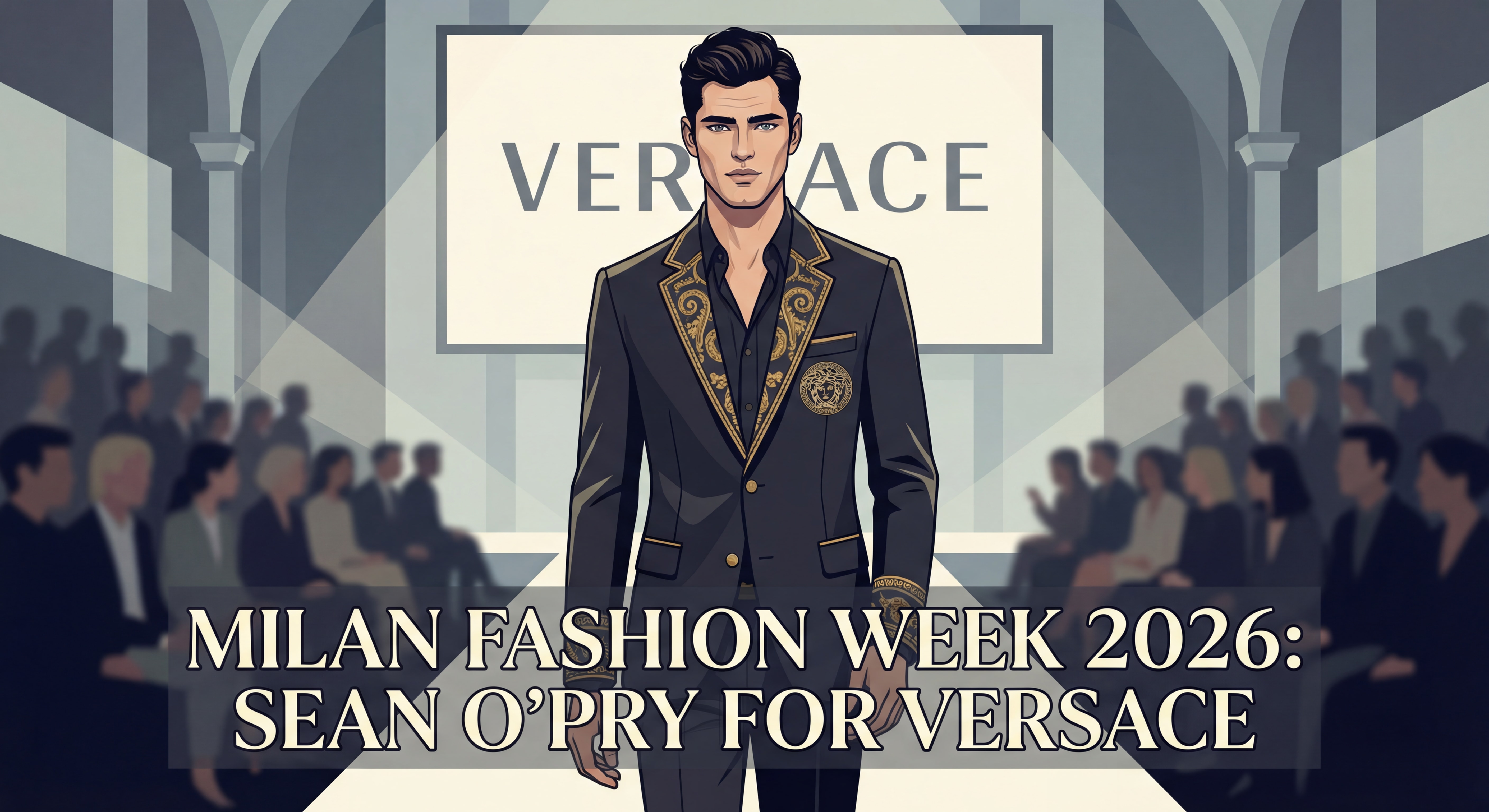 Sean O'Pry défilant pour Versace lors de la Fashion Week de Milan 2026, mannequin américain homme célèbre