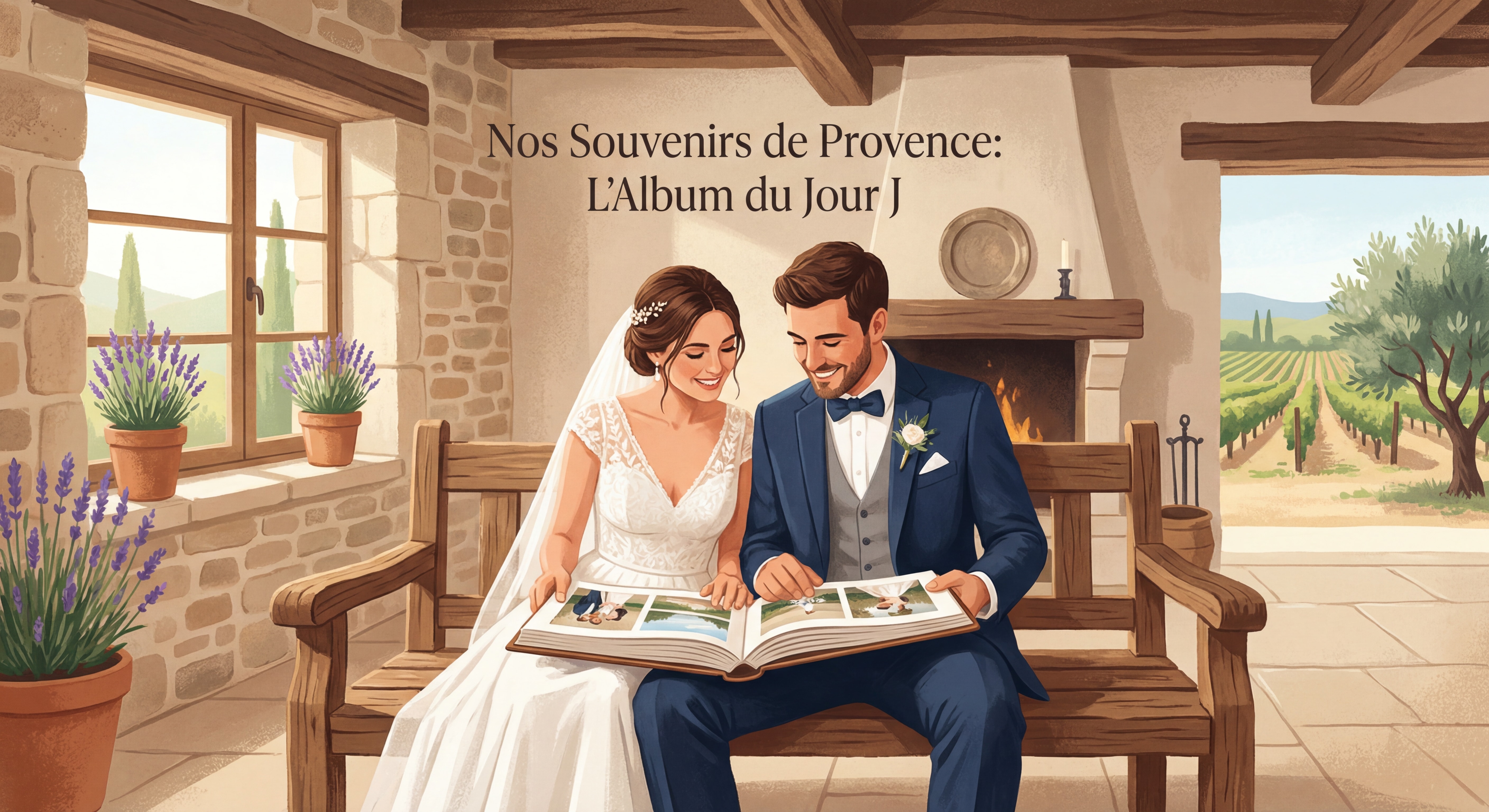 Mariés admirant leur album photo de mariage dans un cadre provençal intimiste avec lumière naturelle douce