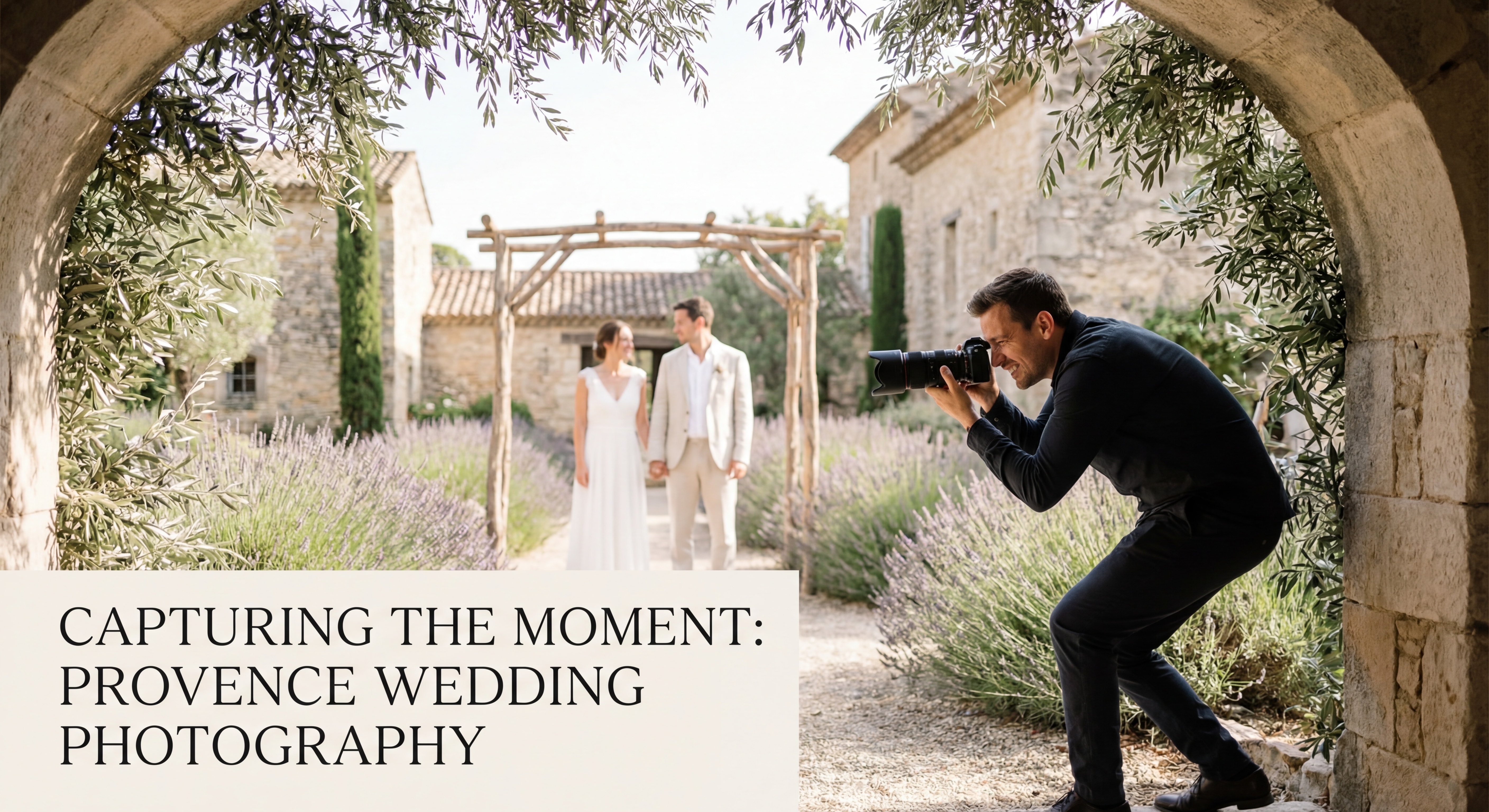 Photographe professionnel en action lors d'un mariage dans un domaine provençal du Var, capturant un moment de cérémonie laïque