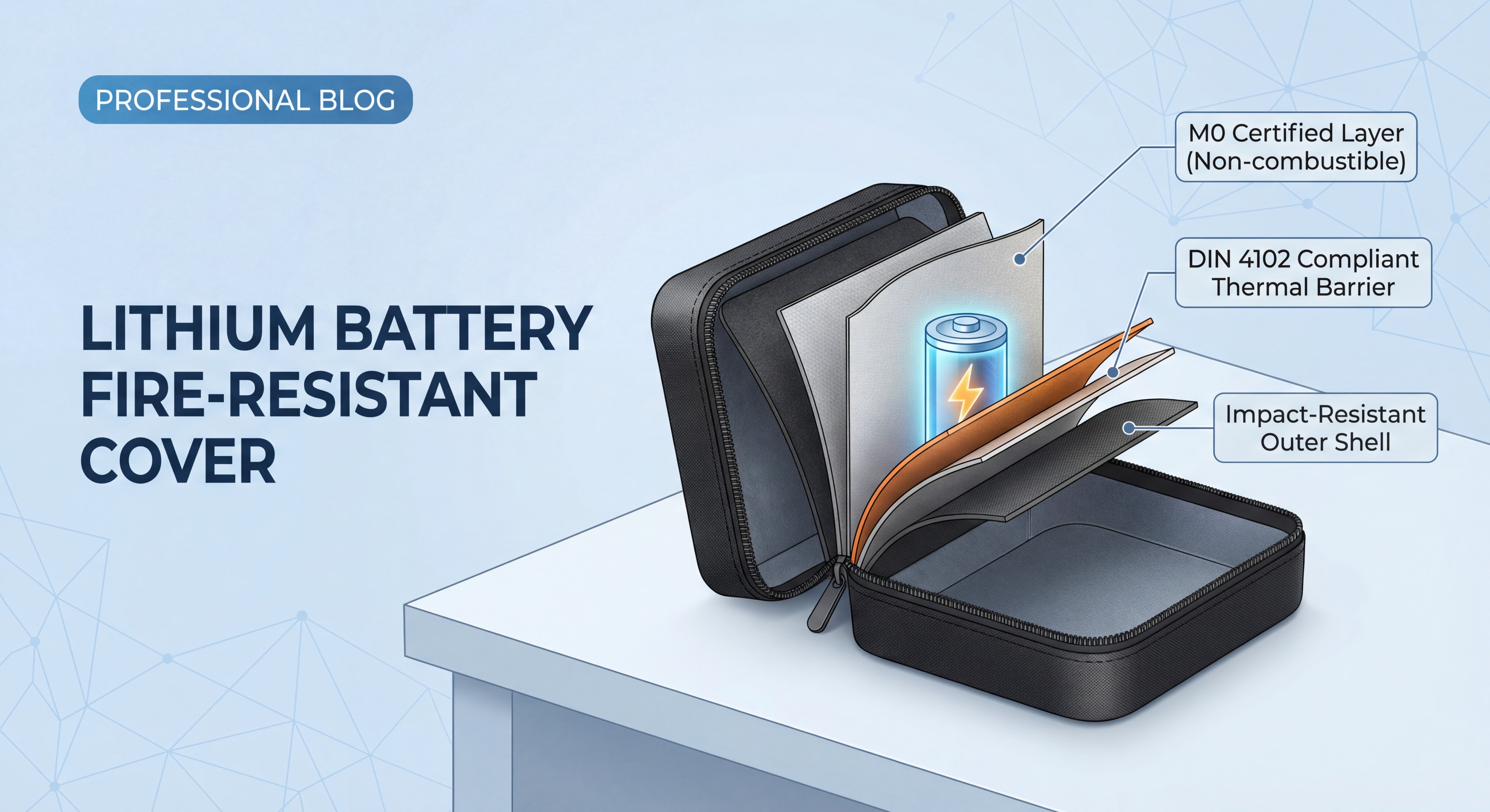 Housse de protection anti-feu pour batterie lithium ouverte montrant les différentes couches de matériaux certifiés M0 et DIN 4102