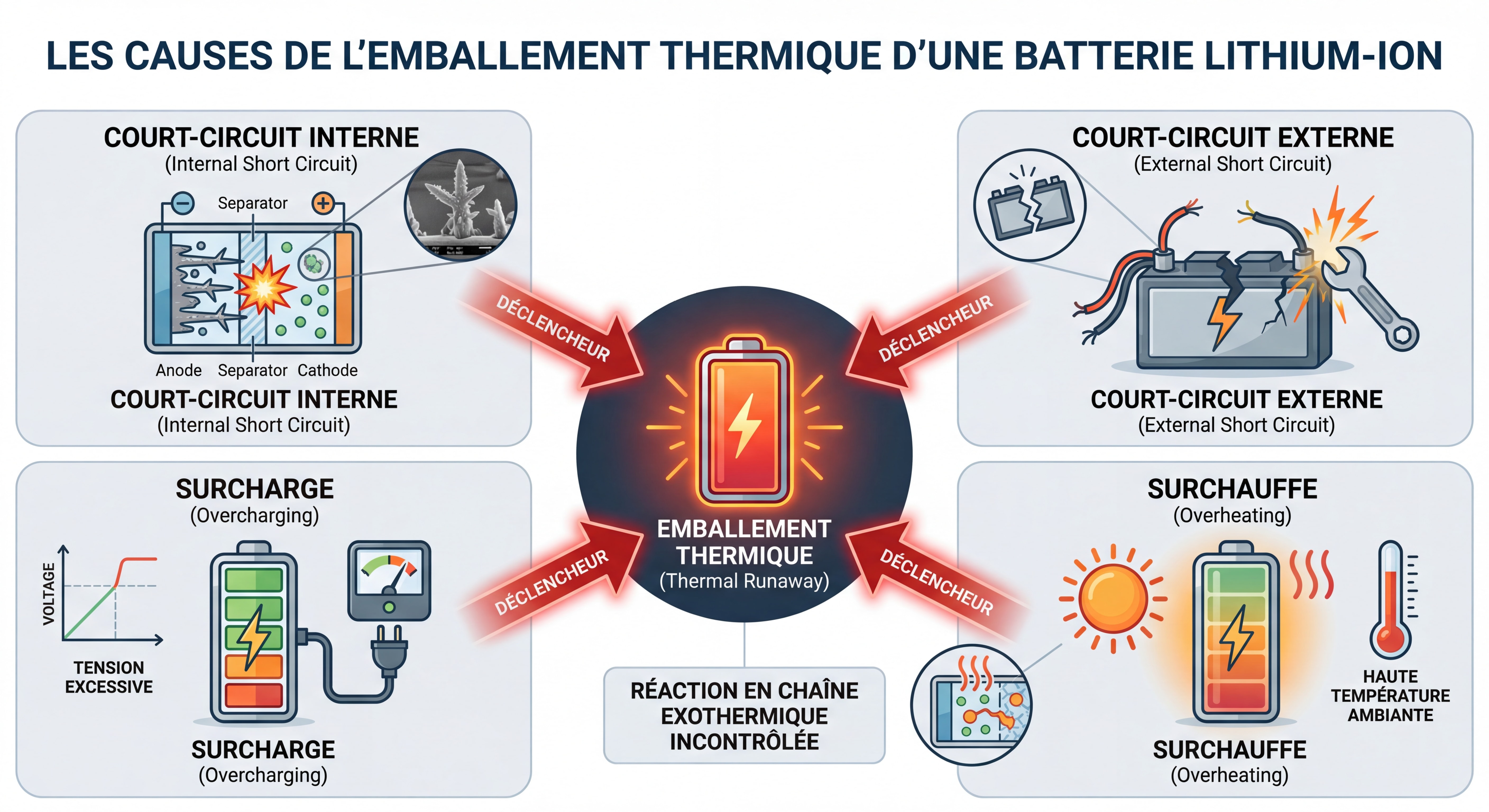 Schéma explicatif montrant les différentes causes d'emballement thermique d'une batterie lithium-ion avec illustrations techniques