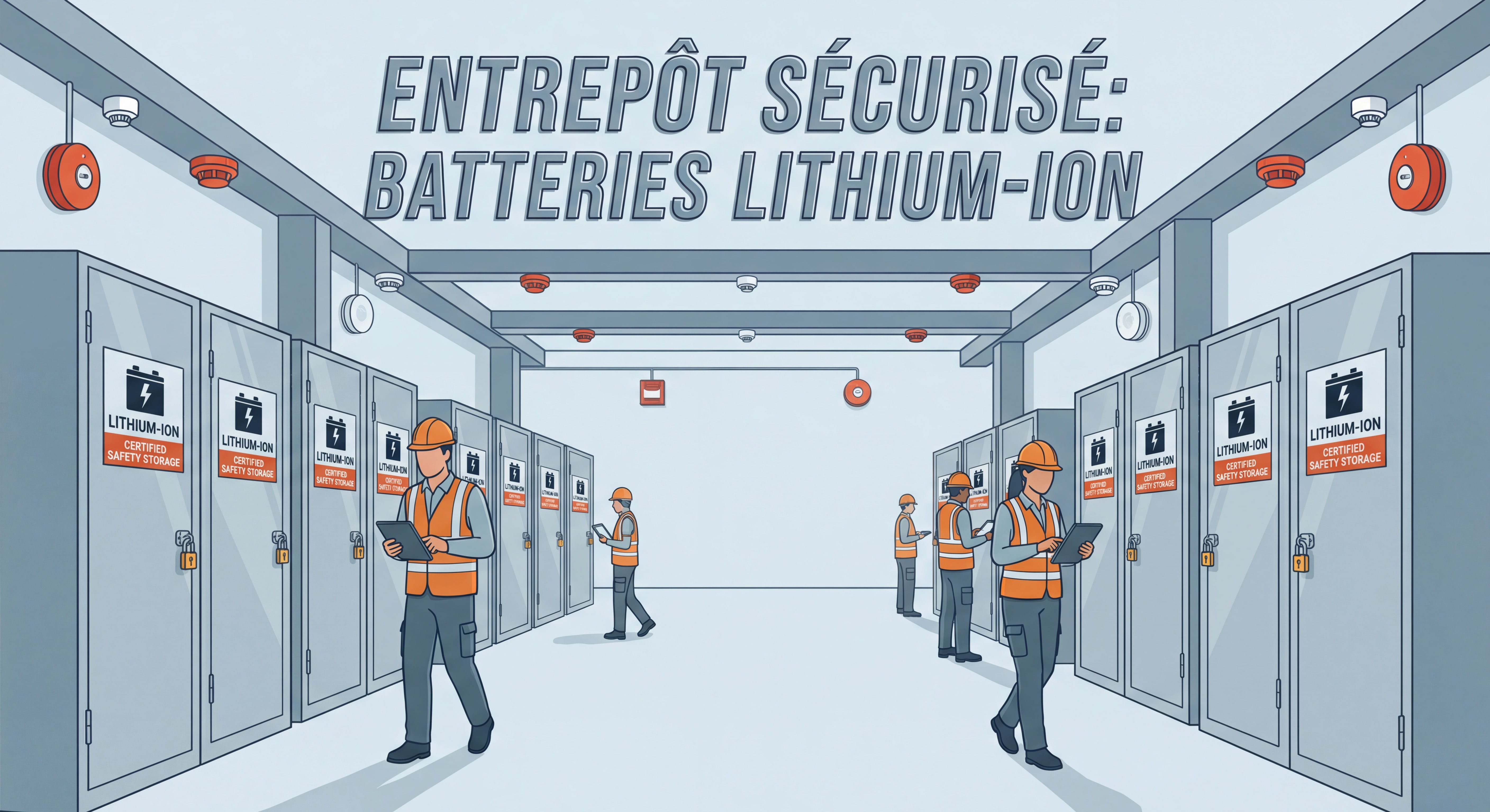 Entrepôt professionnel avec batteries lithium-ion stockées dans des armoires de sécurité certifiées, système de détection incendie visible