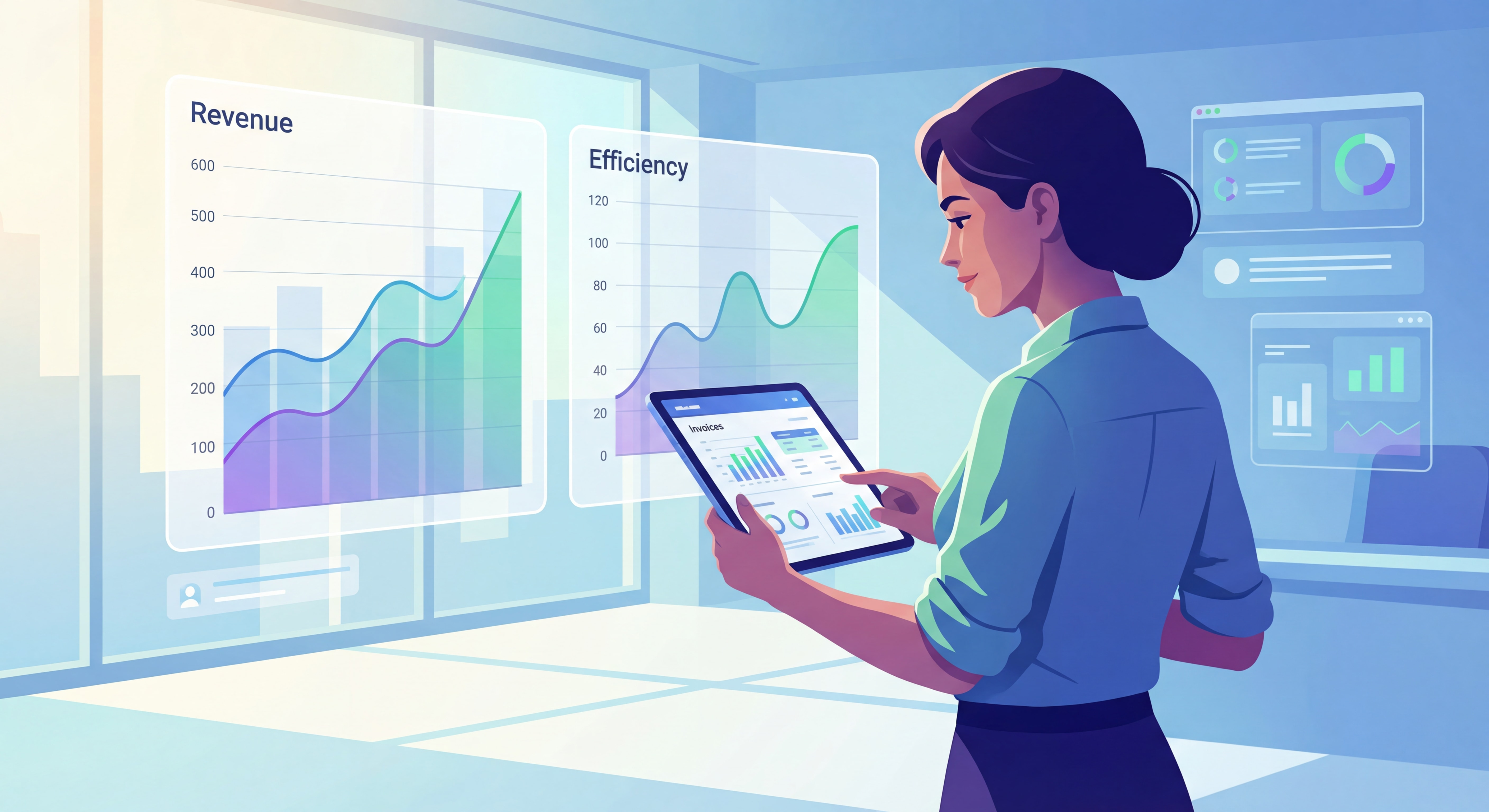 Entrepreneur analysant des factures électroniques sur une tablette avec des graphiques de performance en arrière-plan, représentant la transformation digitale des processus de facturation