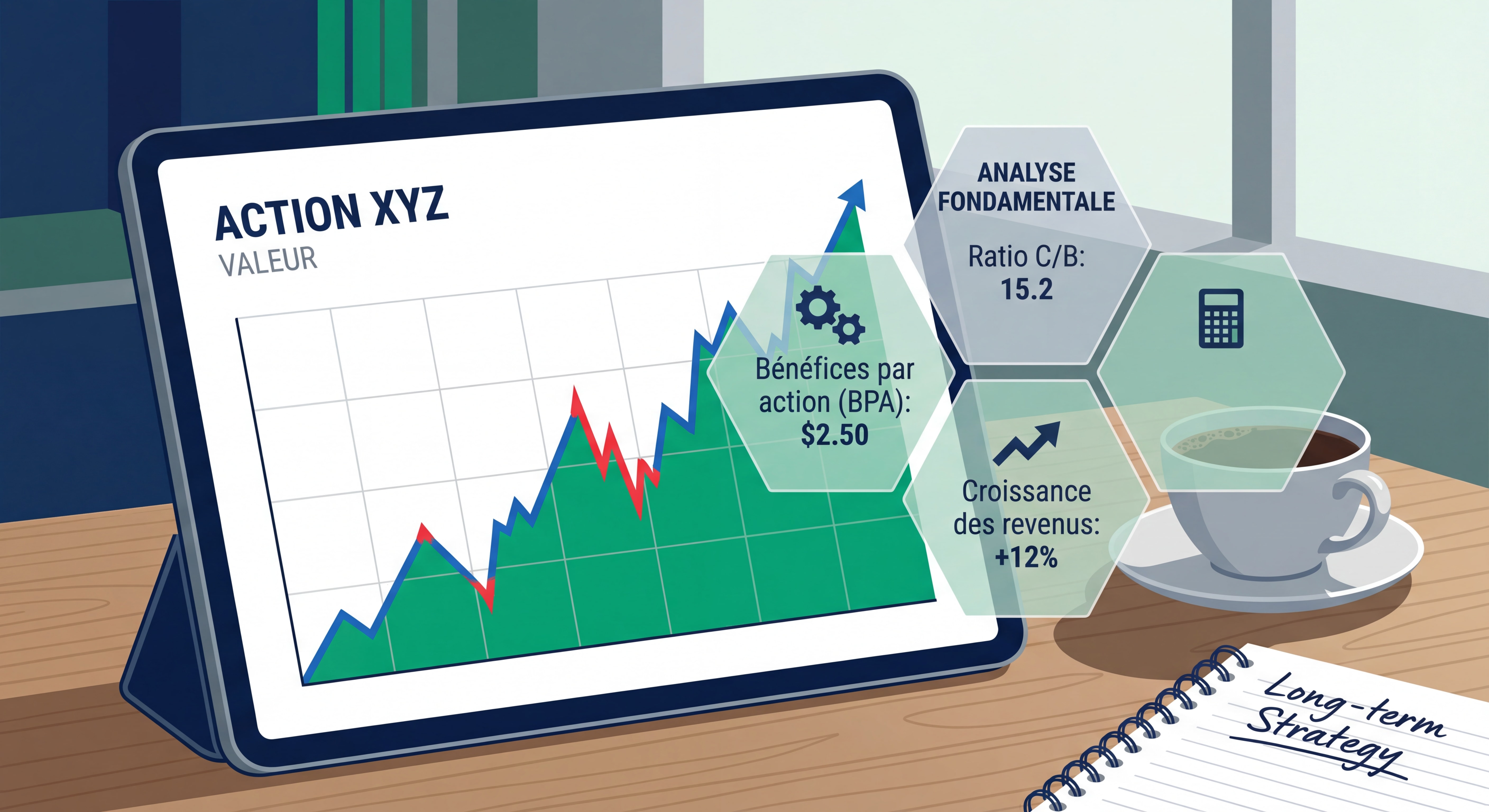 Graphique boursier montrant l'évolution d'une action avec analyse fondamentale