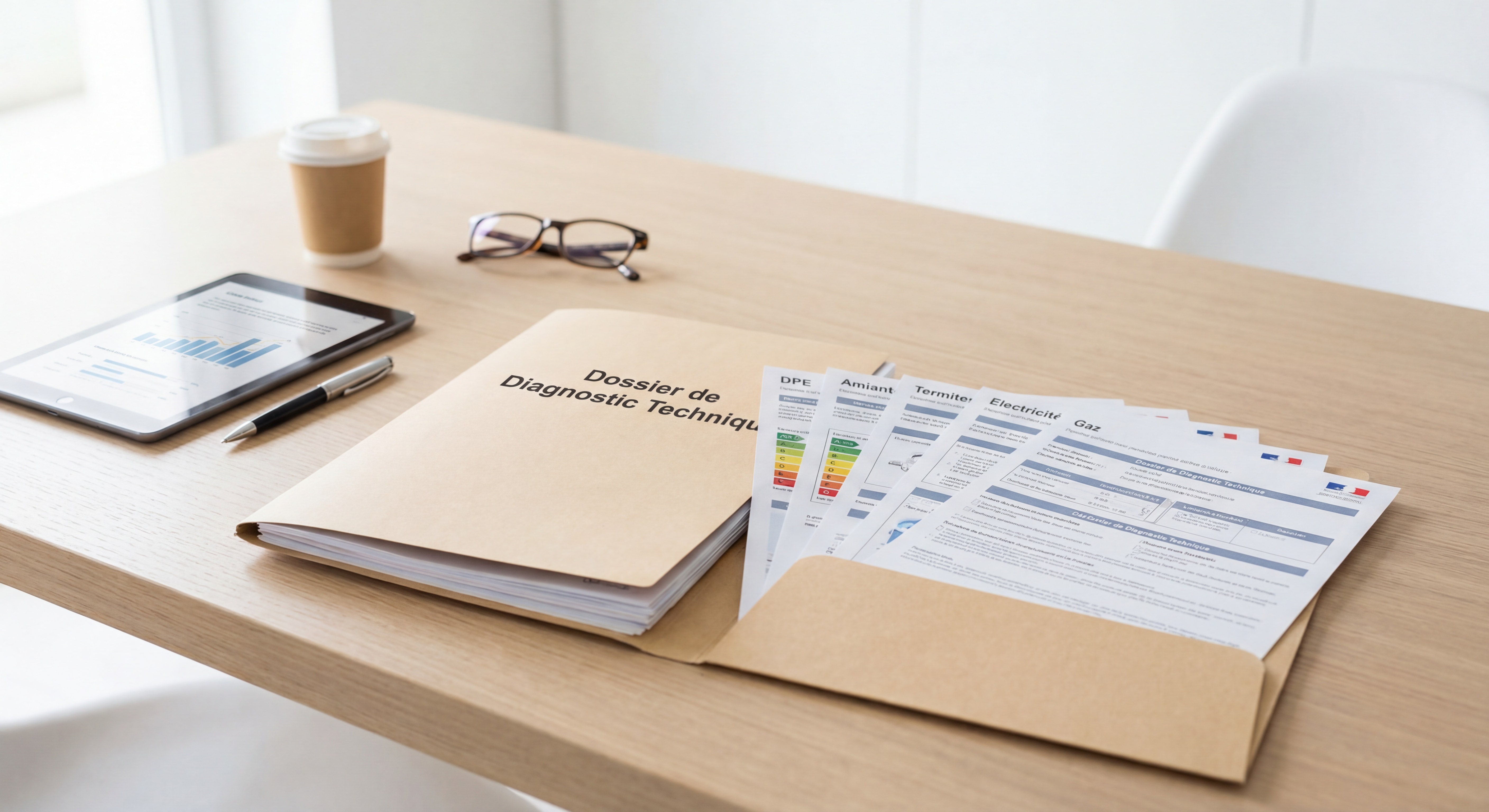 dossier de diagnostic technique complet avec tous les documents obligatoires étalés sur une table