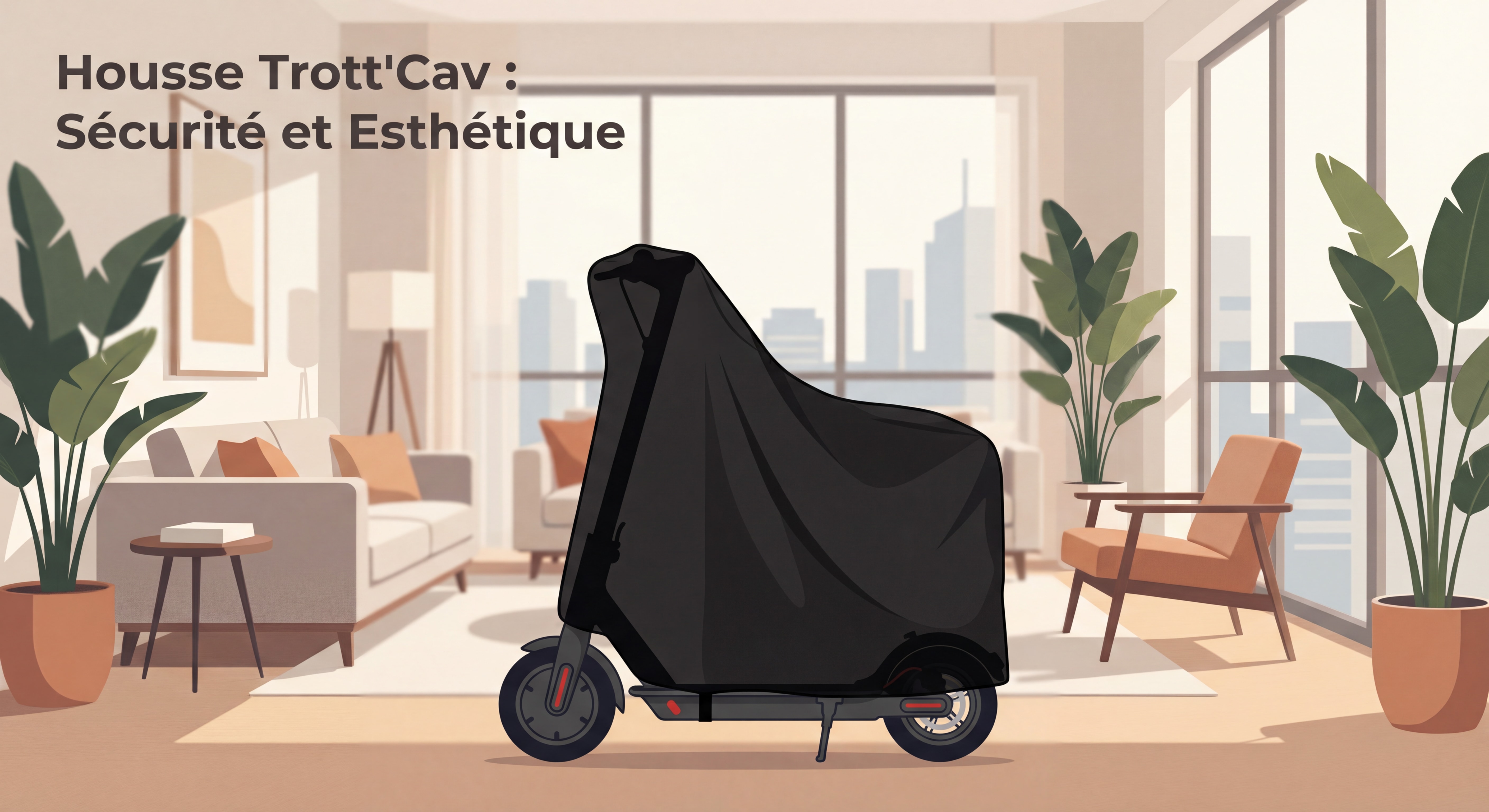 Housse Trott'Cav noire protégeant une trottinette électrique dans un appartement moderne, démontrant la sécurité et l'esthétique du produit