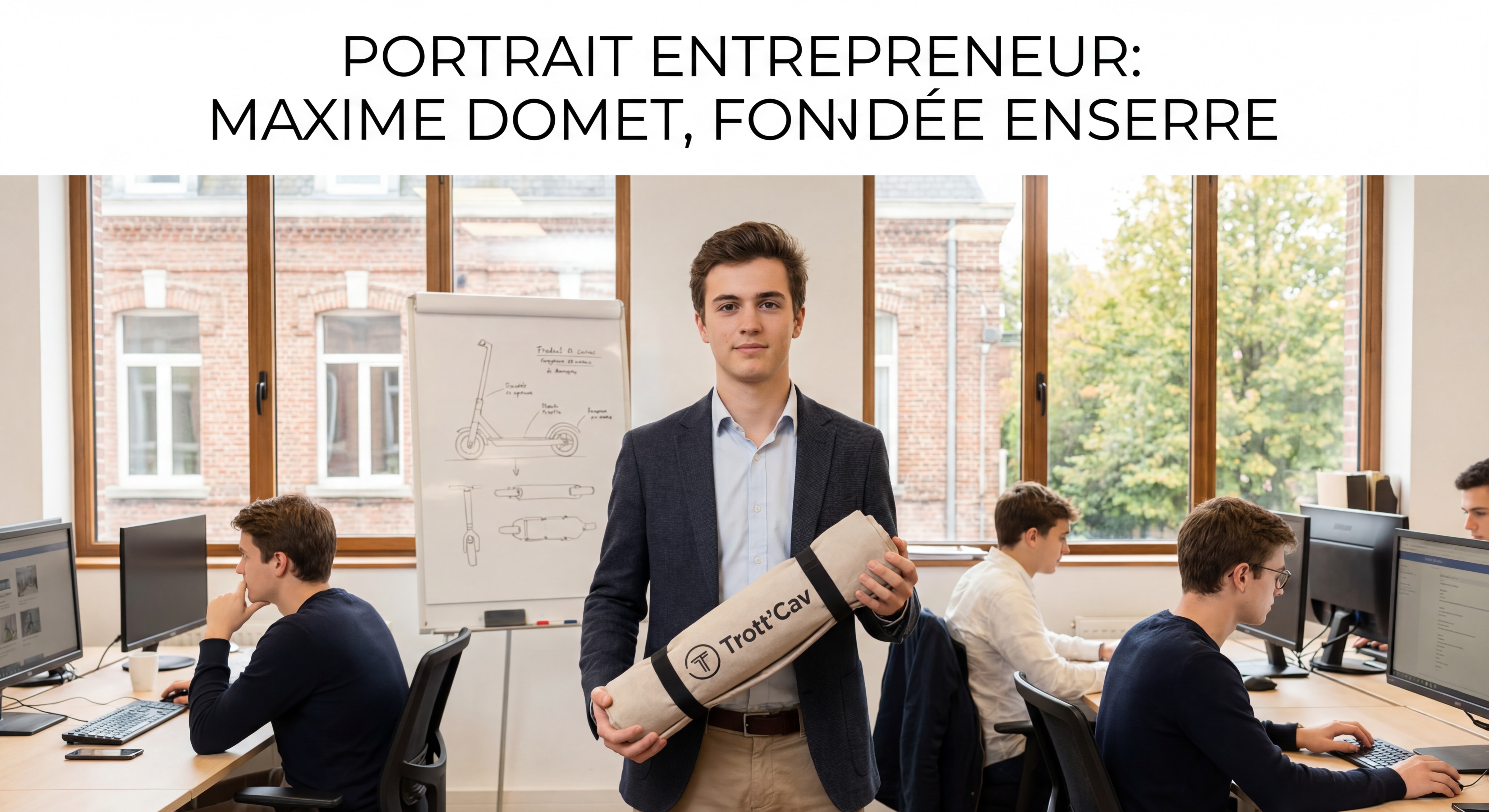 Maxime Domet, fondateur d'Enserre, présentant la housse Trott'Cav dans les locaux de la start-up à Amiens, portrait entrepreneur innovation locale
