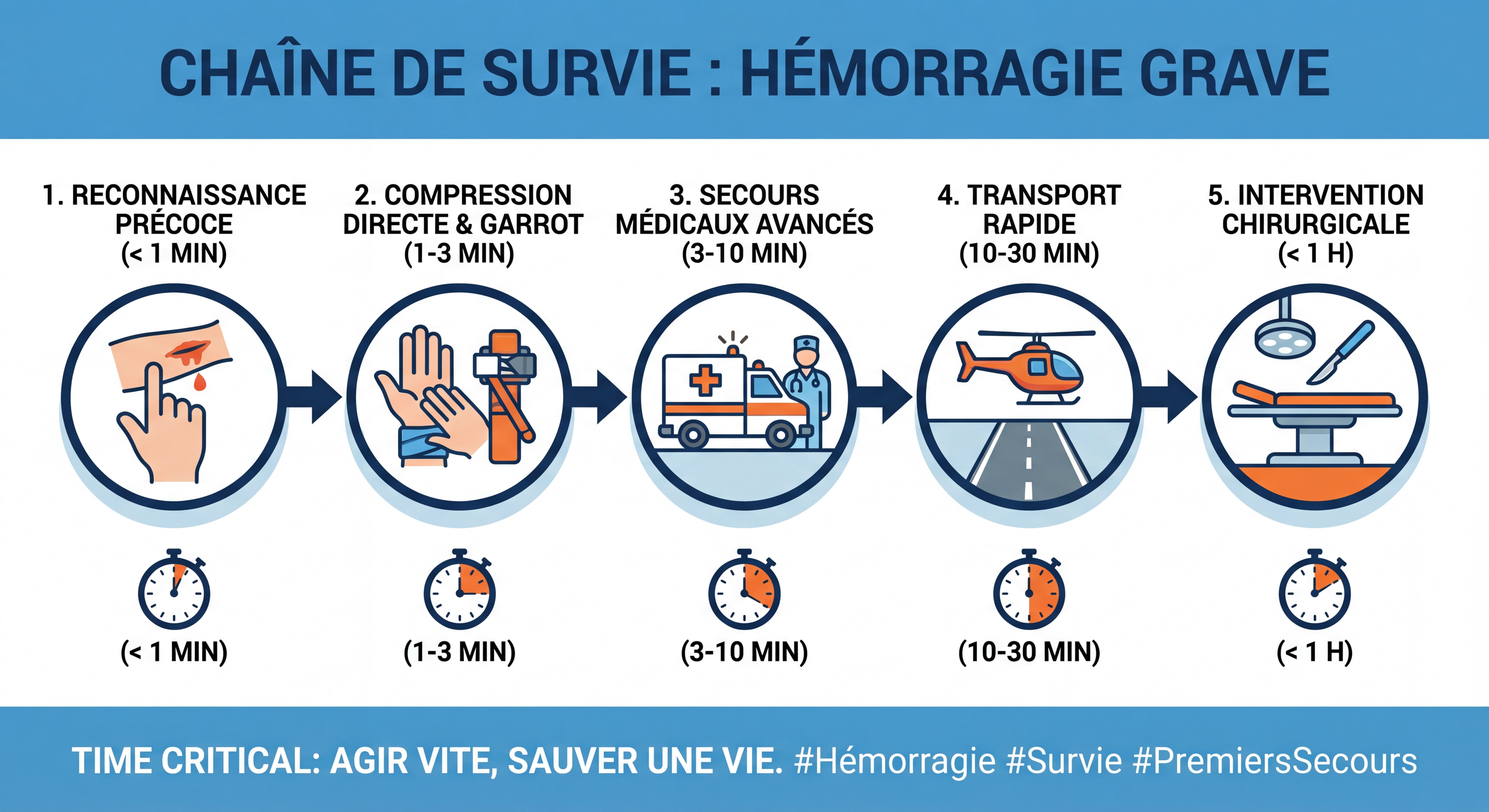 Infographie représentant la chaîne de survie en cas d'hémorragie grave avec les étapes clés et les délais critiques