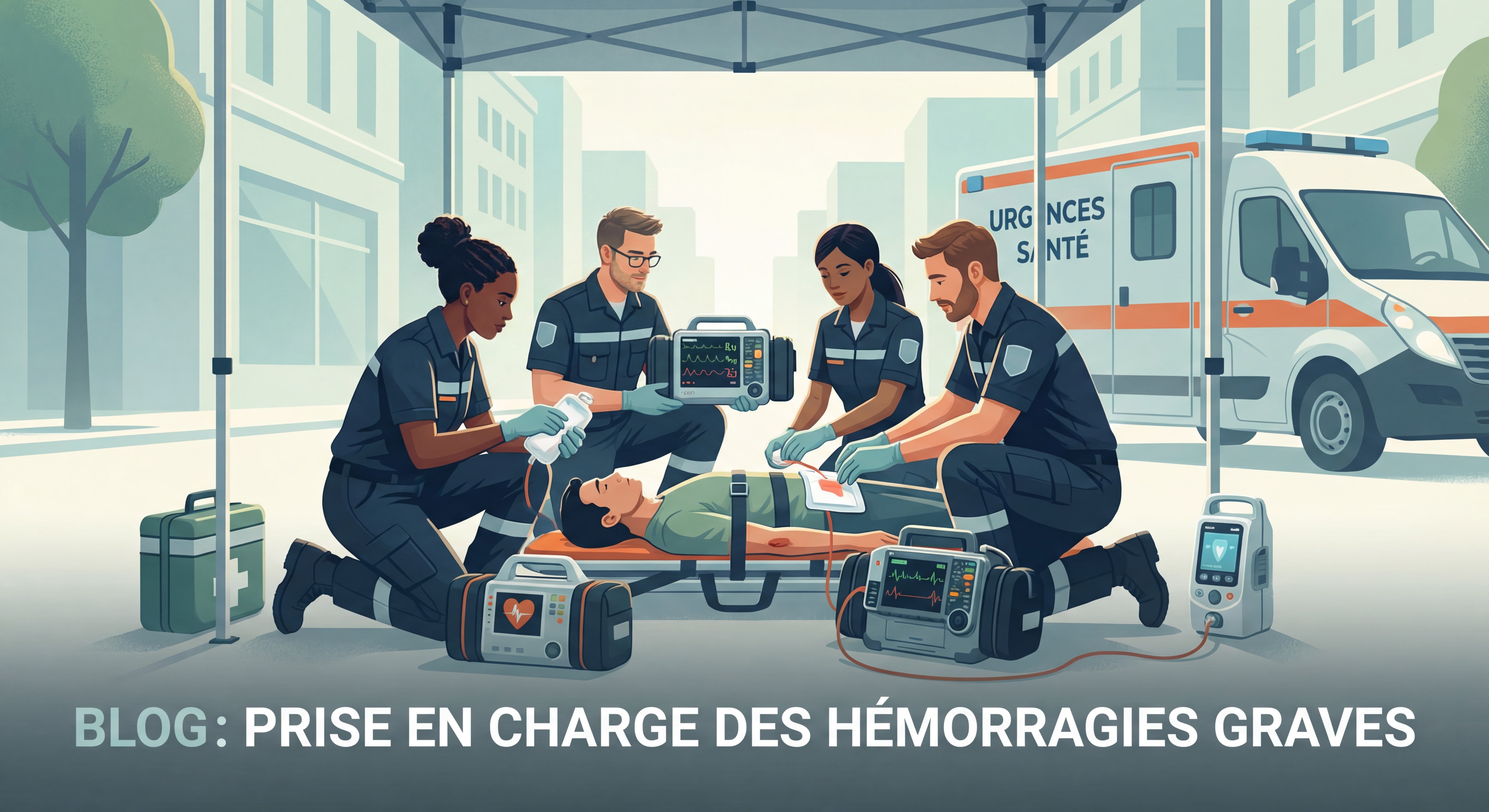 Équipe médicale d'urgence intervenant sur une hémorragie grave avec matériel moderne de réanimation