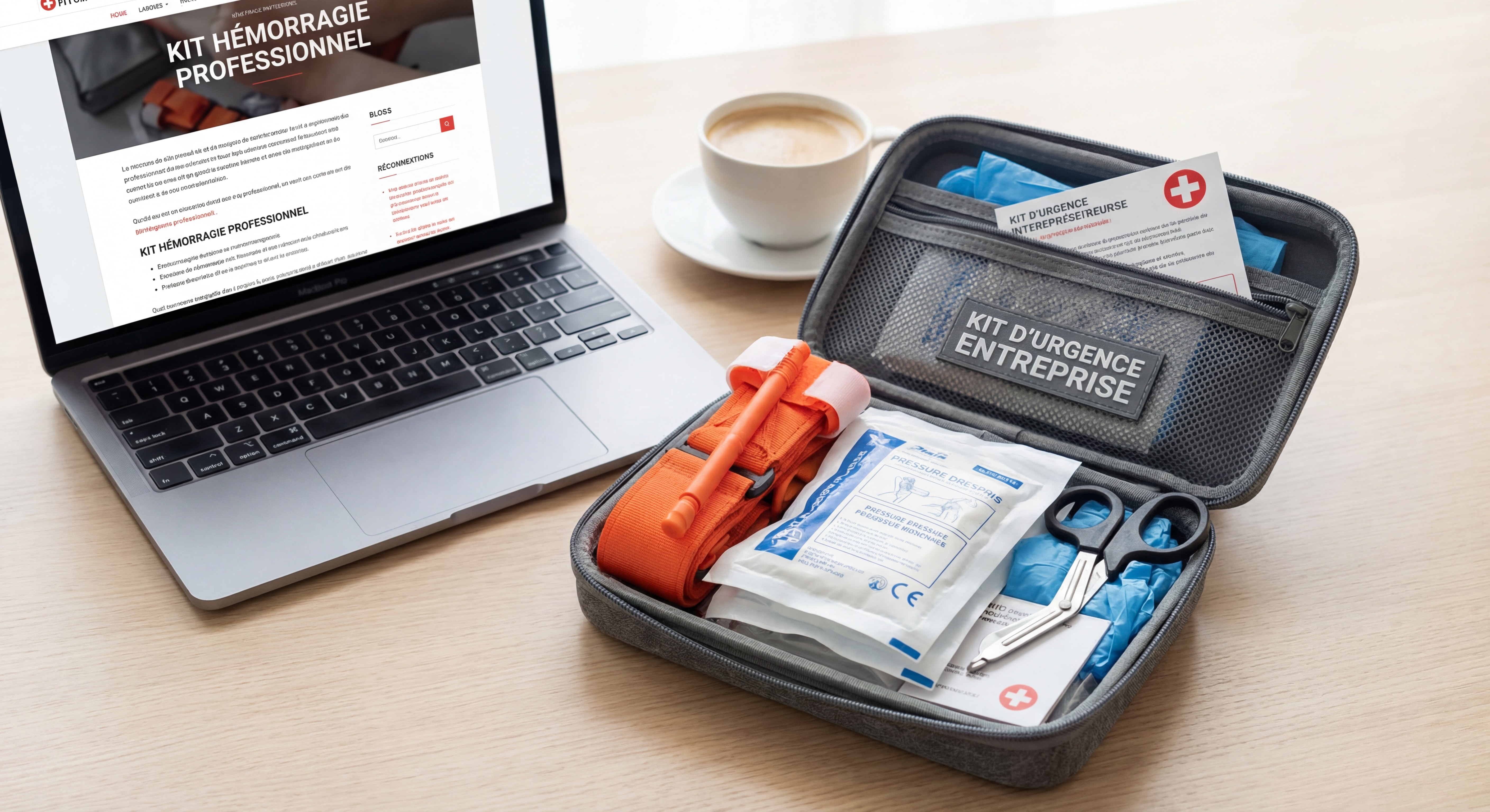 Kit hémorragie professionnel pour entreprise avec garrot tourniquet, pansements compressifs et équipements de premiers secours