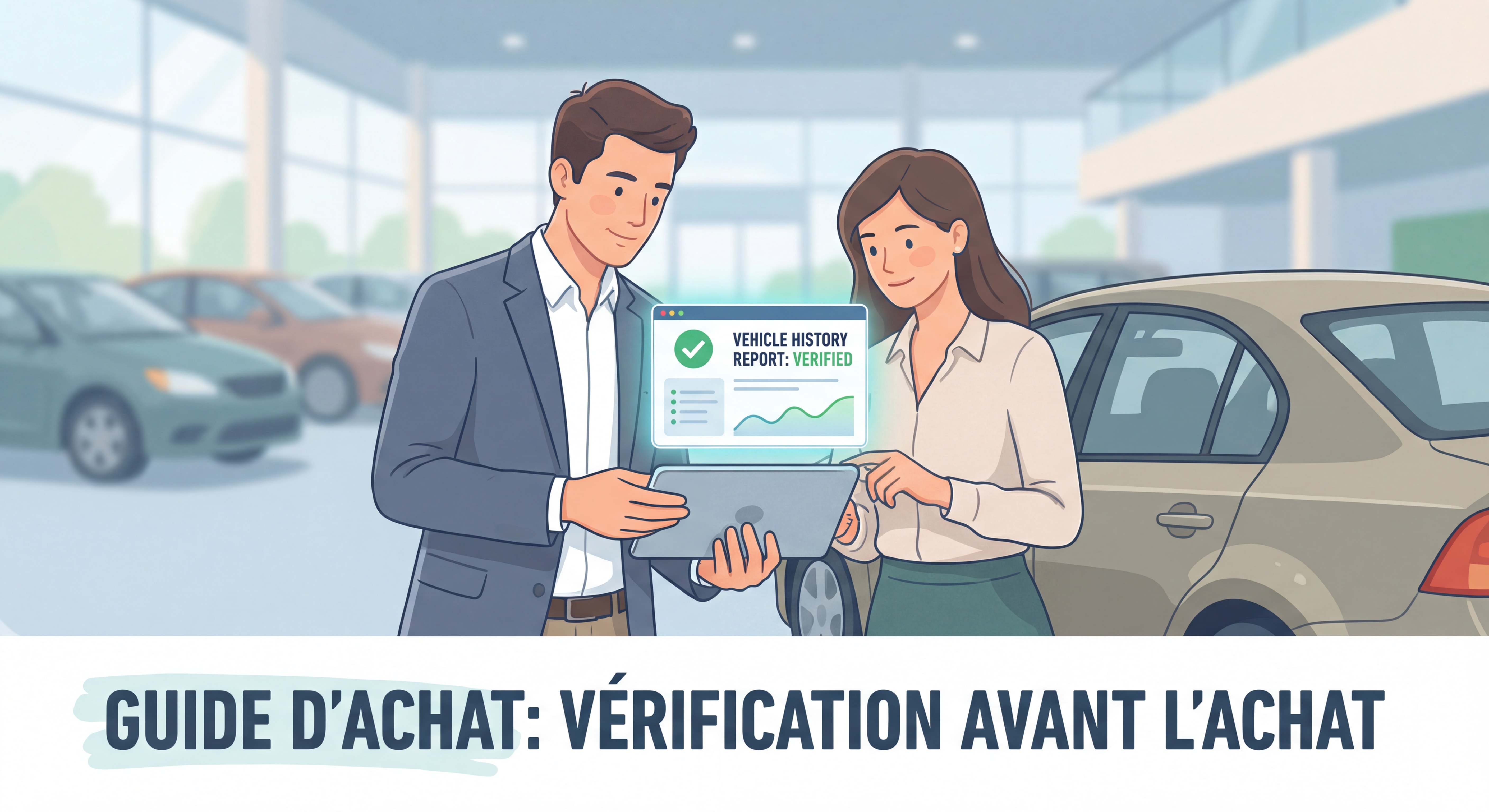 Acheteur vérifiant l'historique d'une voiture d'occasion sur tablette avec le vendeur, illustration du processus de vérification avant achat