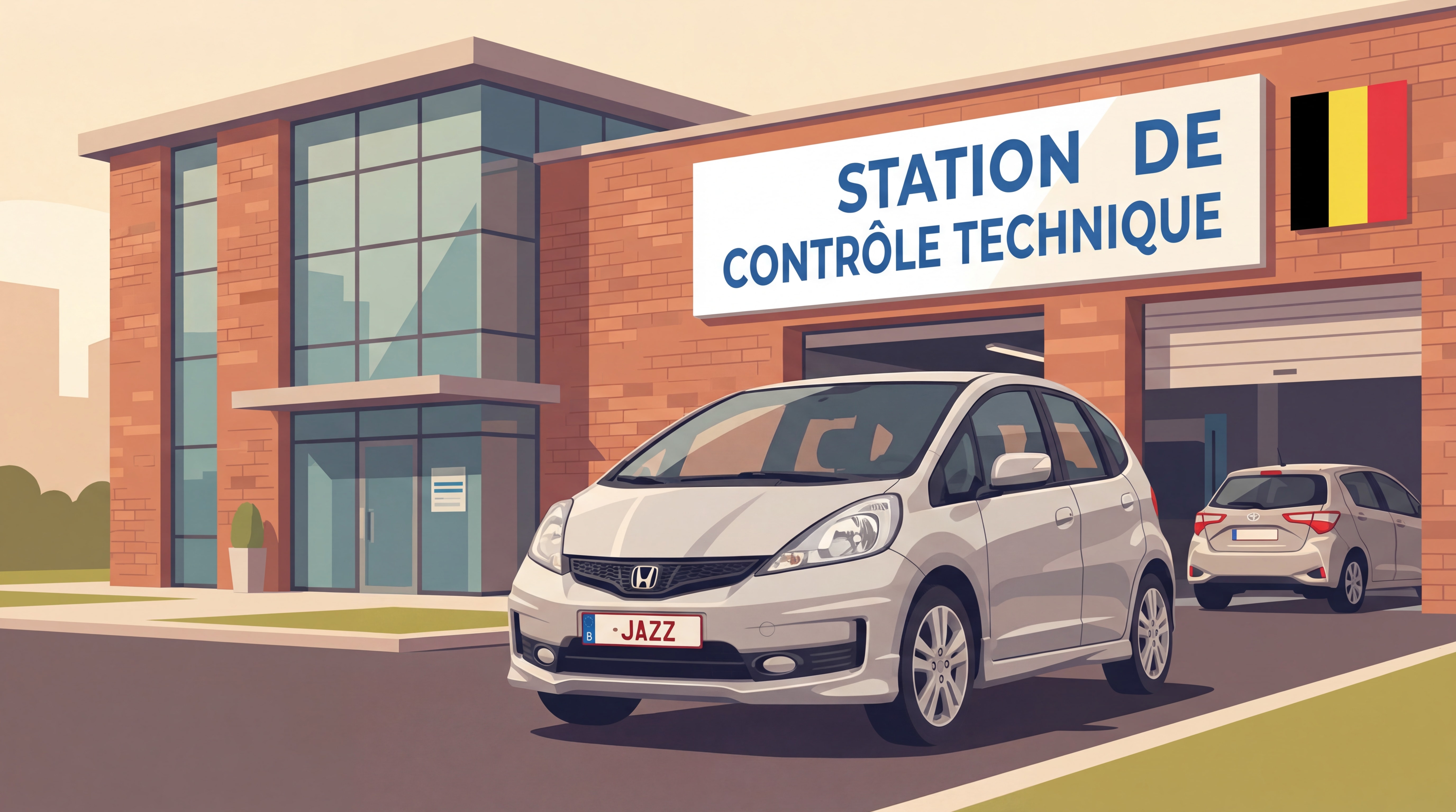 Petite voiture d'occasion fiable garée devant une station de contrôle technique en Belgique, Honda Jazz ou Toyota Yaris