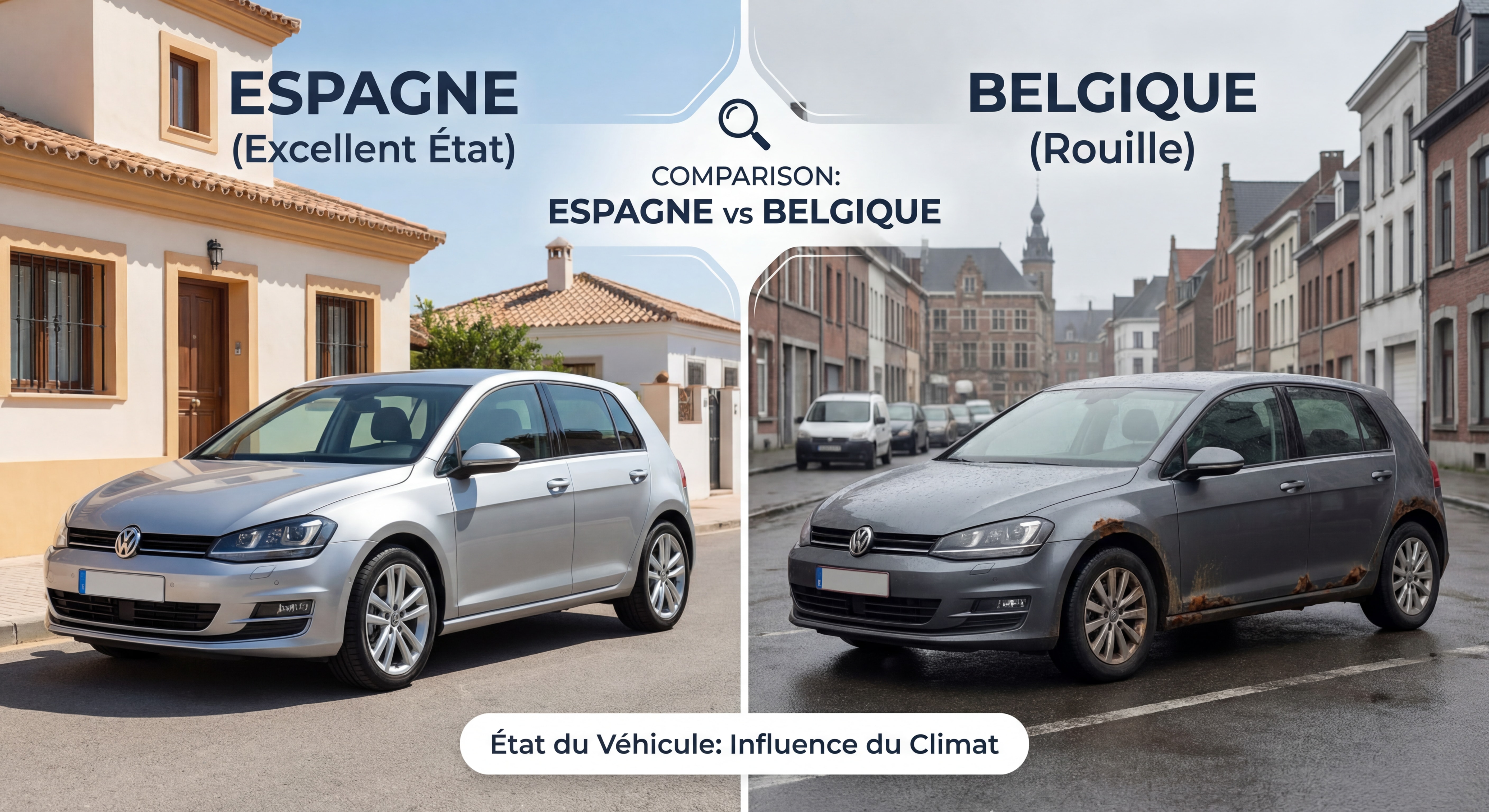 Comparaison visuelle entre une voiture espagnole en excellent état et une voiture belge présentant de la rouille sur les bas de caisse et passages de roue