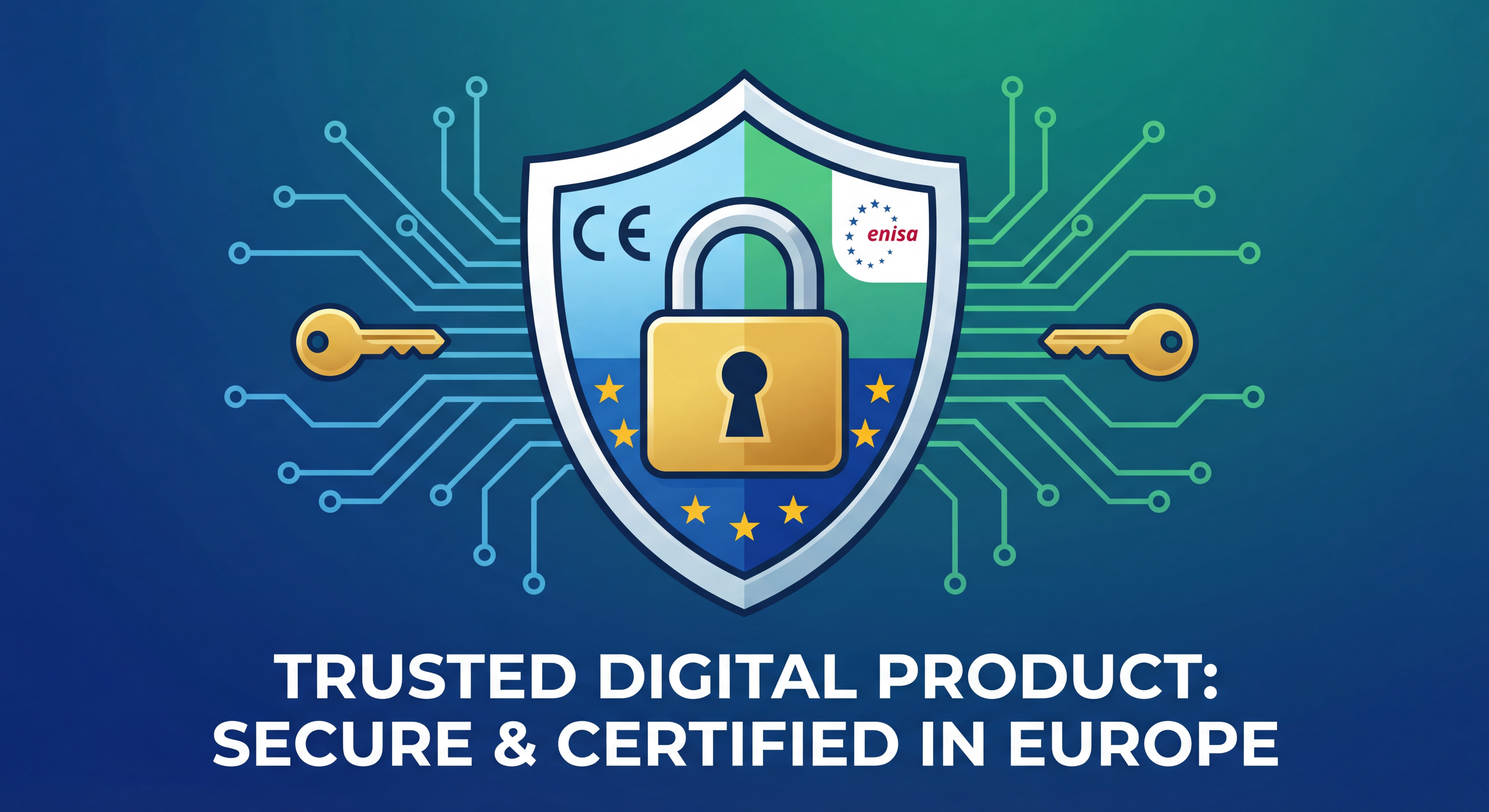 Illustration conceptuelle d'un produit numérique sécurisé avec marquage CE et symboles de cybersécurité européenne