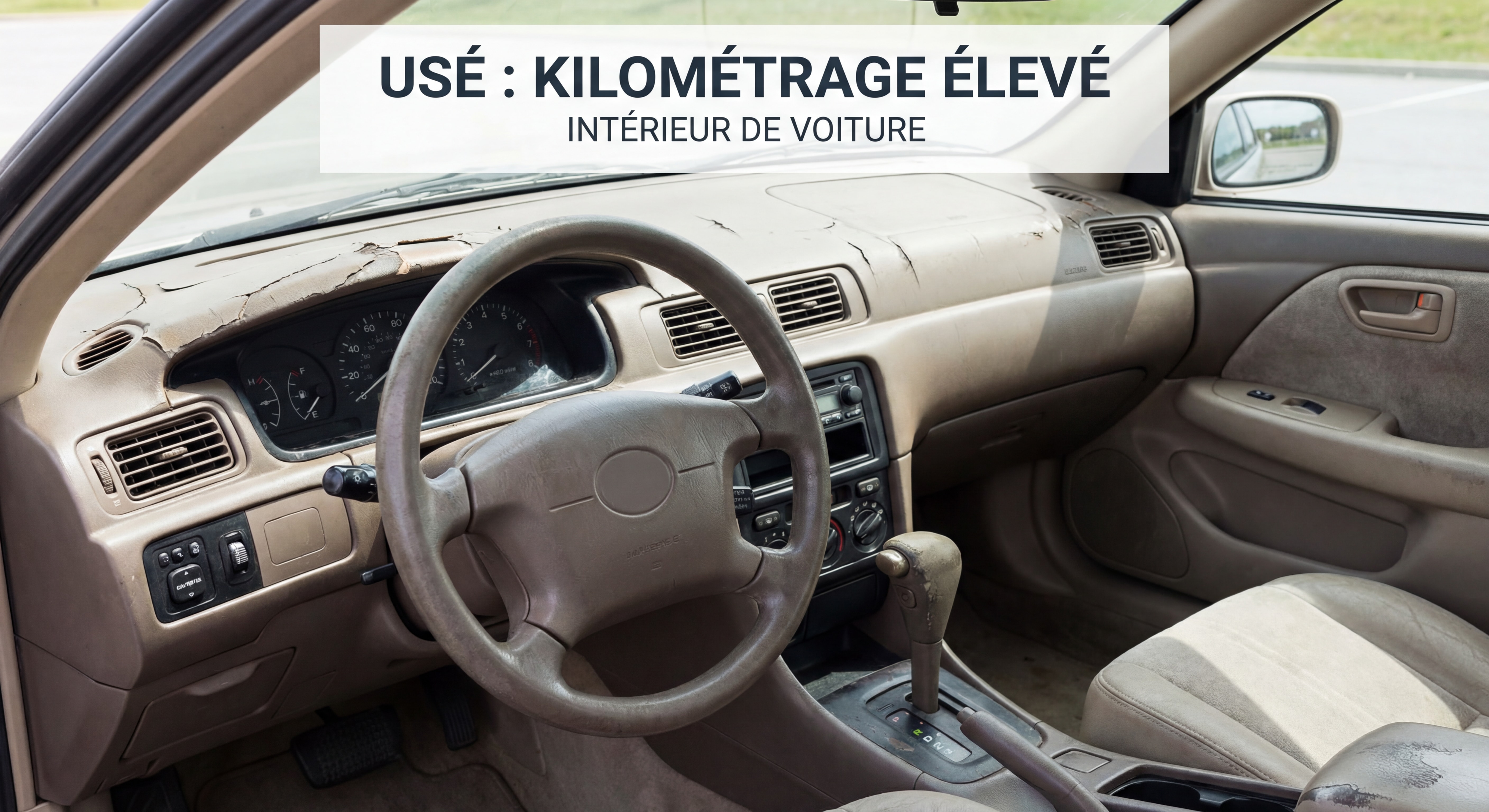 Intérieur de voiture usé montrant tableau de bord craquelé et plastiques dégradés après kilométrage élevé