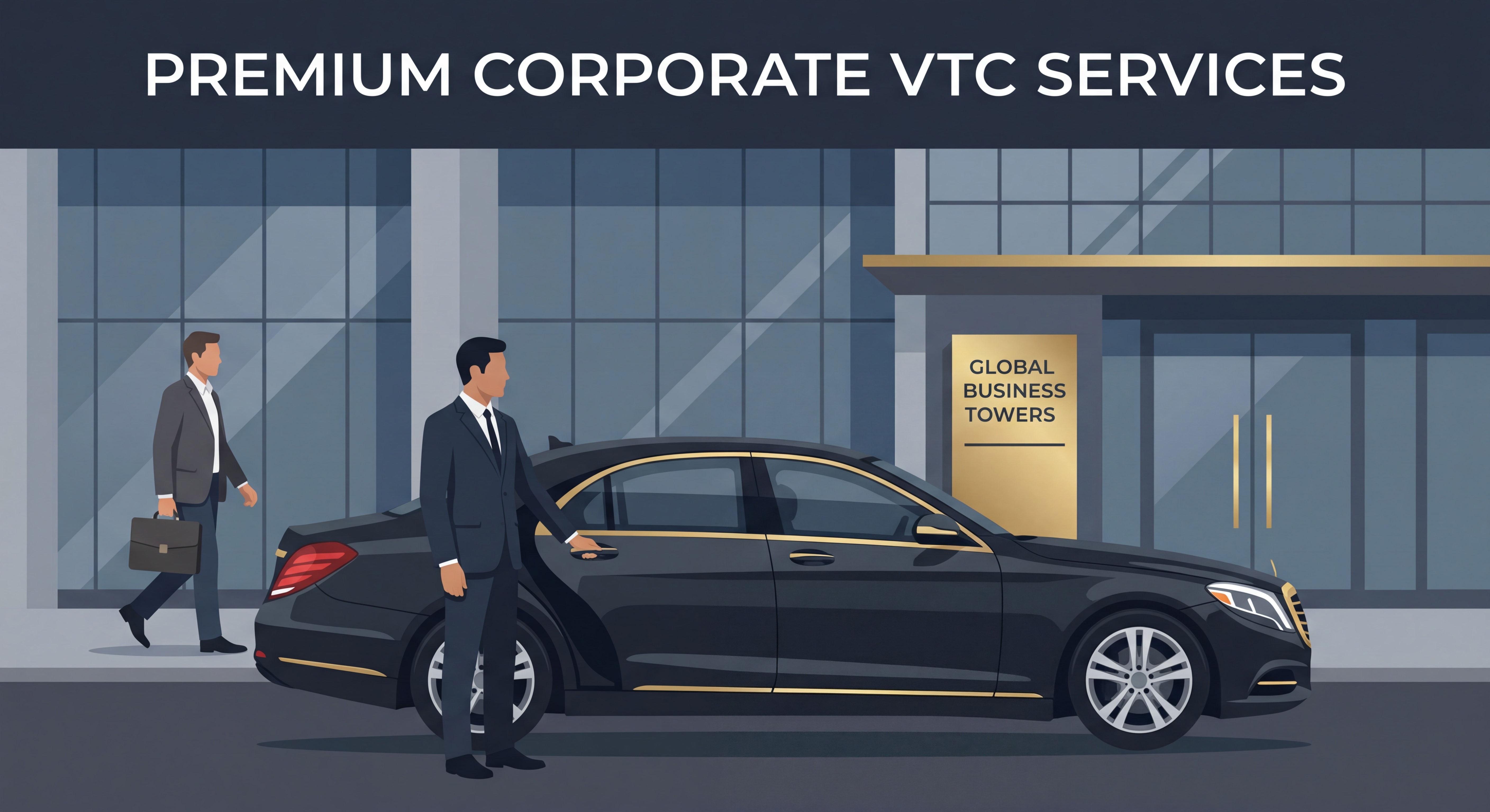 Chauffeur professionnel VTC avec véhicule premium devant un immeuble d'entreprise moderne, symbolisant le transport corporate de qualité