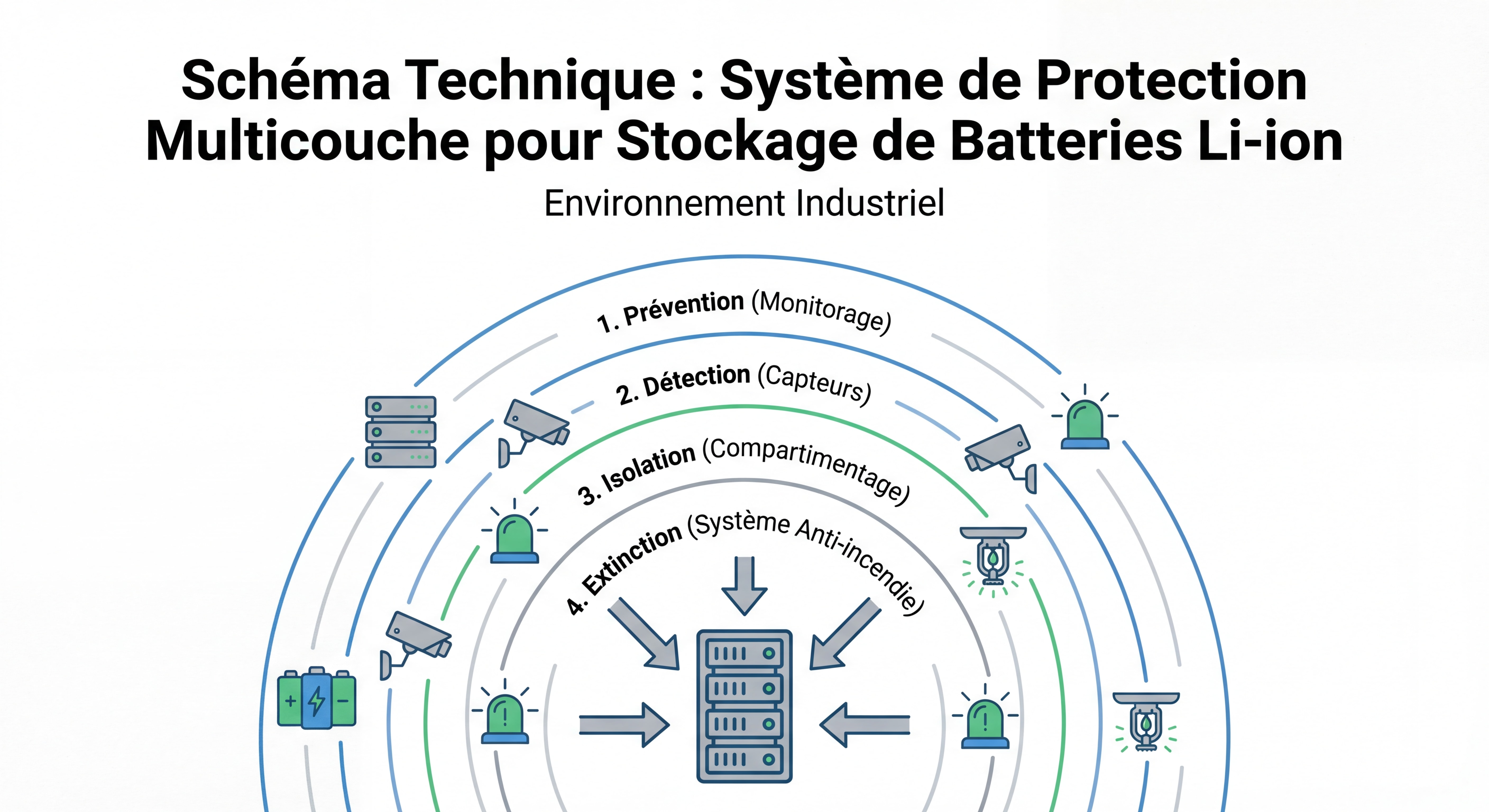 Schéma technique d'un système de protection multicouche pour stockage de batteries lithium-ion en environnement industriel
