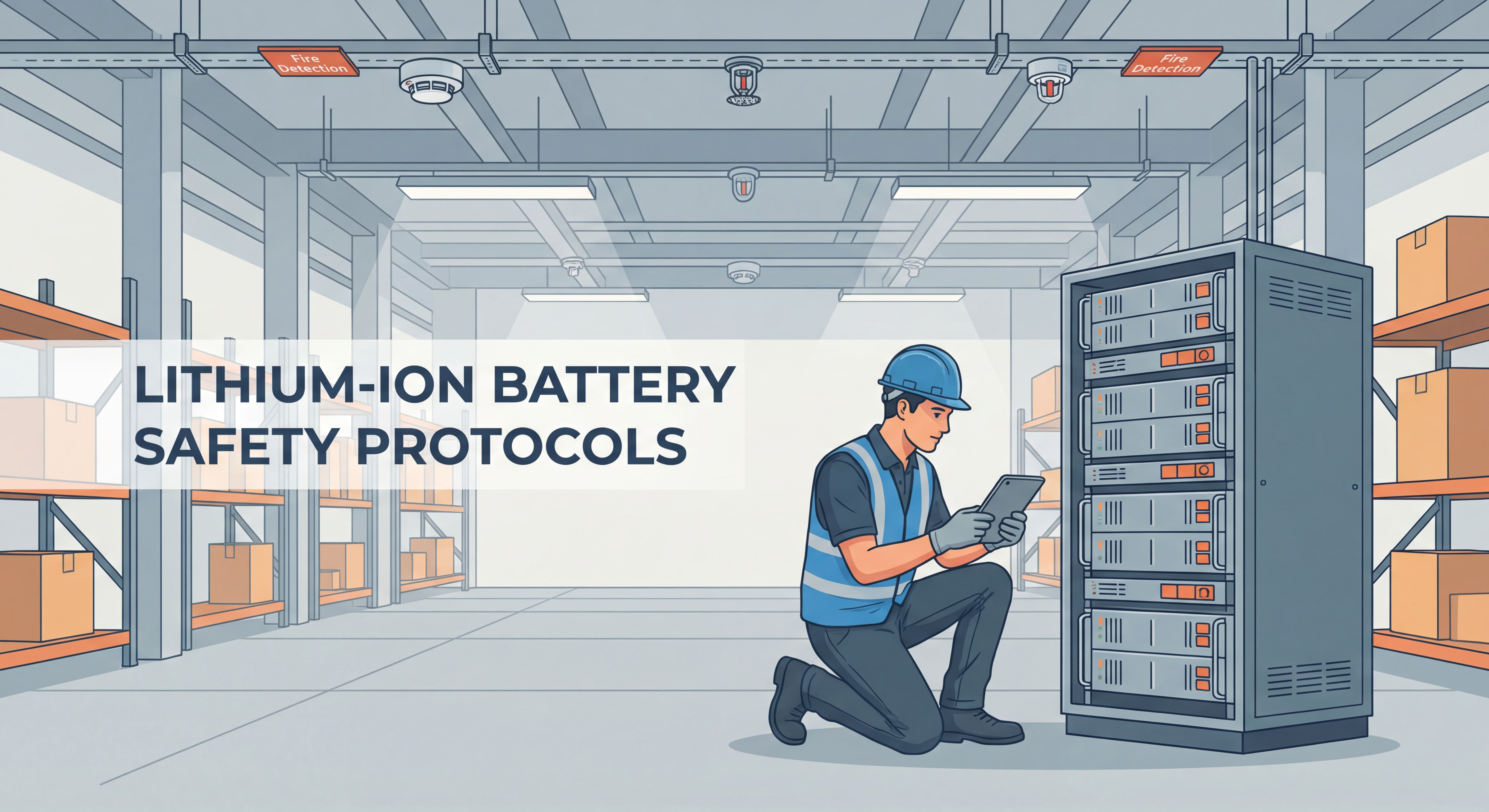 Technicien inspectant des batteries lithium-ion dans un entrepôt professionnel équipé de systèmes de détection incendie