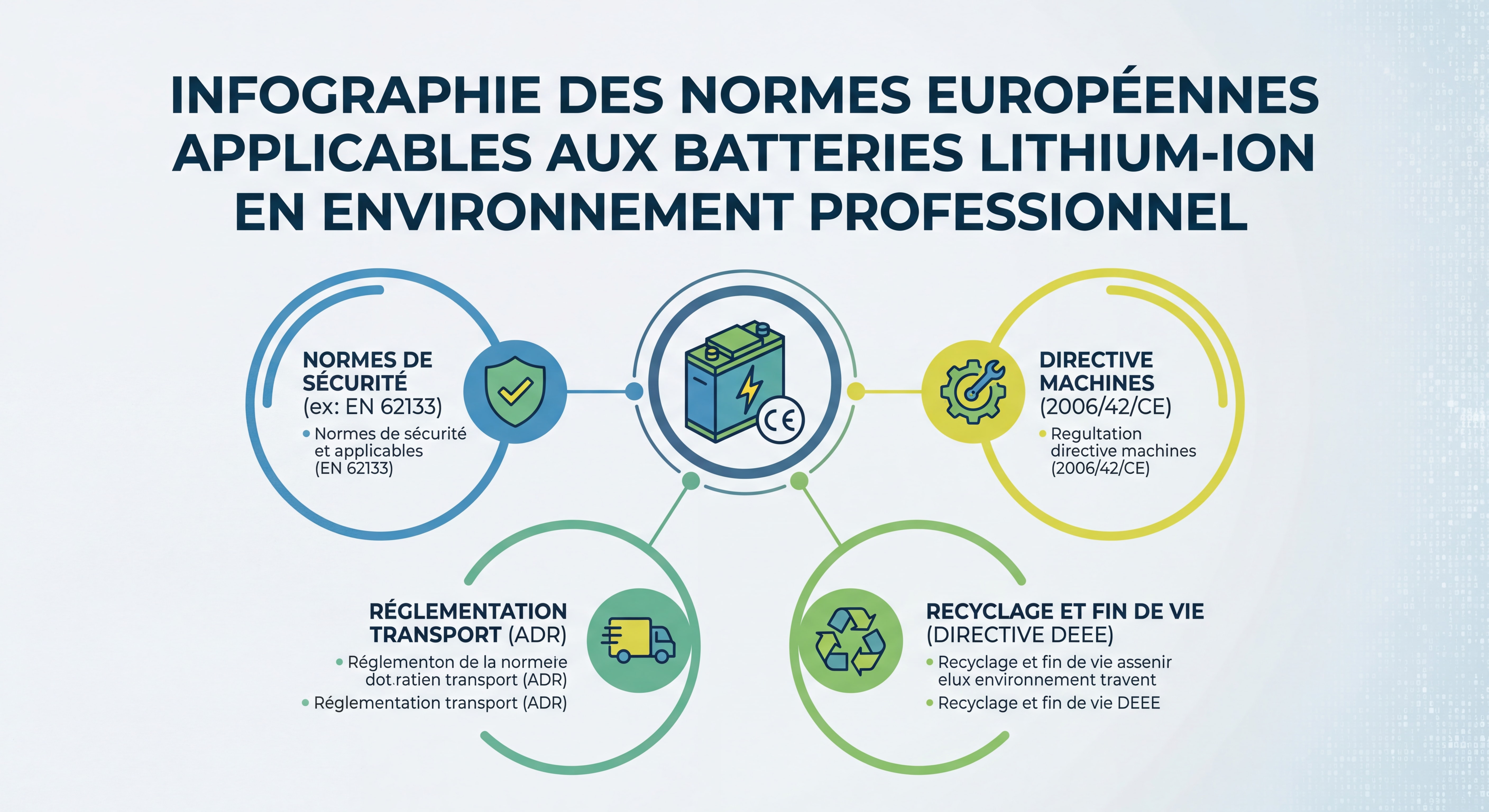 Infographie des normes européennes applicables aux batteries lithium-ion en environnement professionnel