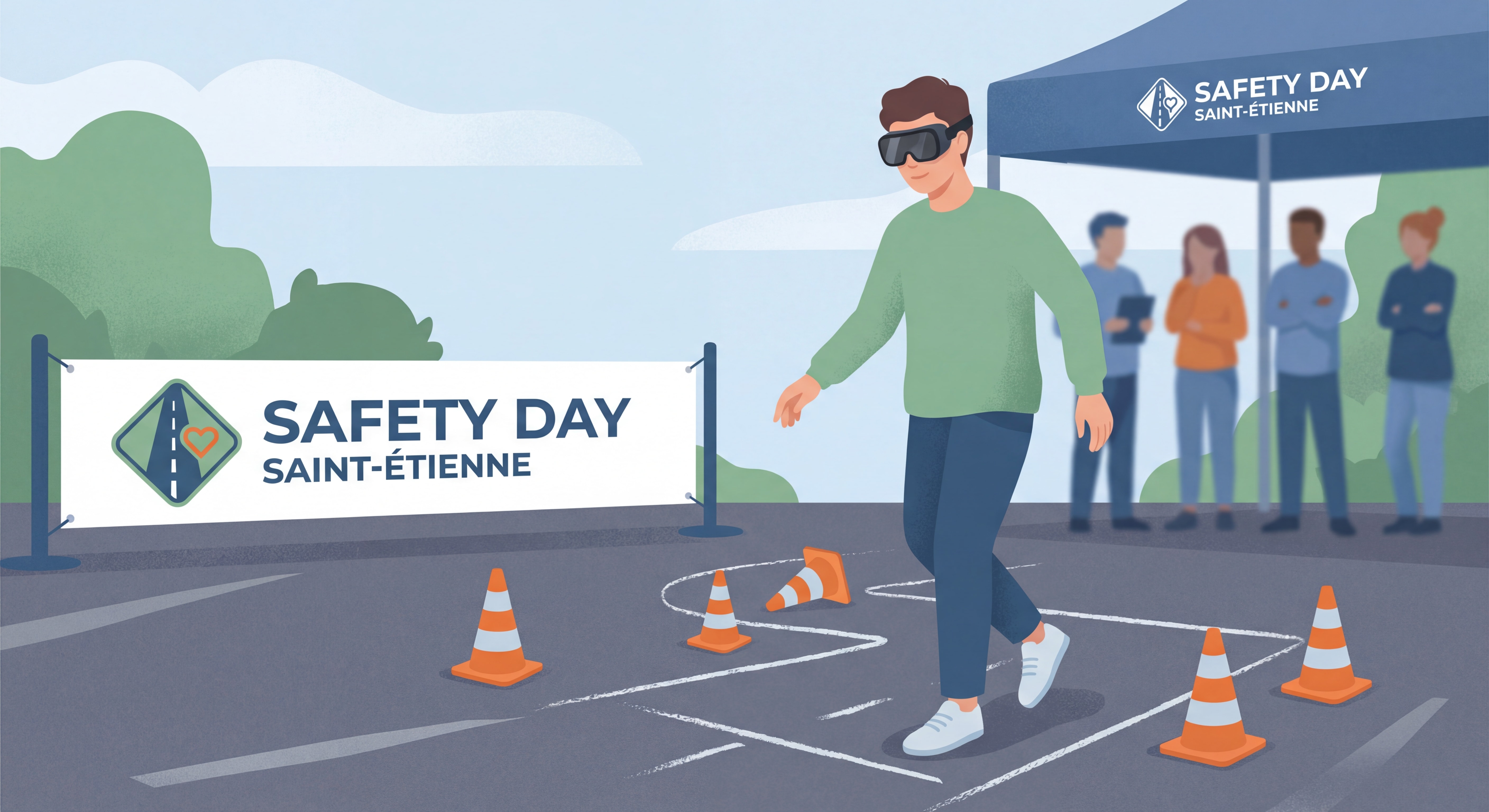 Participant portant lunettes simulation drogue sur parcours prévention routière Safety Day Saint-Étienne