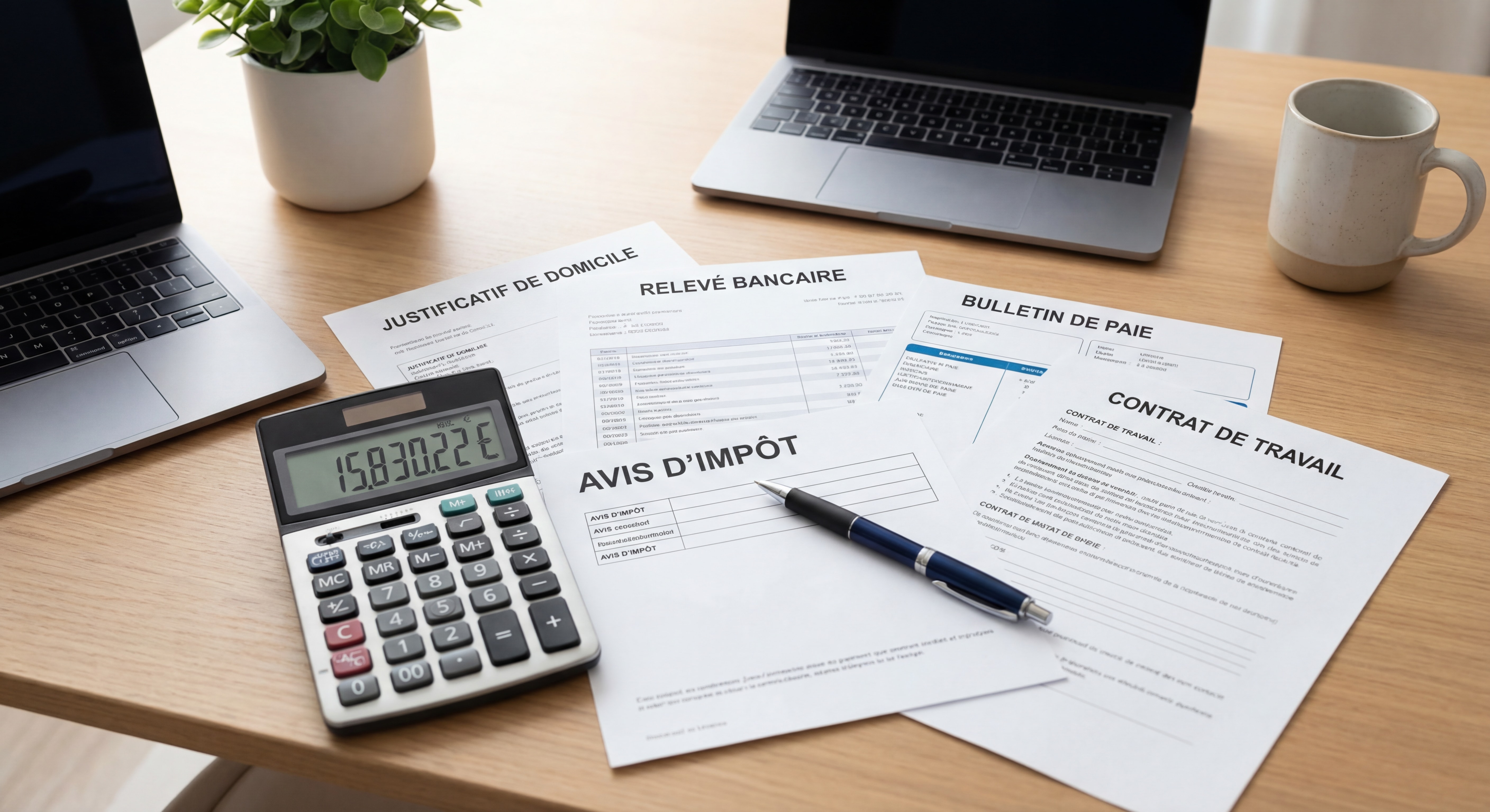 Documents administratifs et justificatifs étalés sur un bureau avec calculatrice et stylo