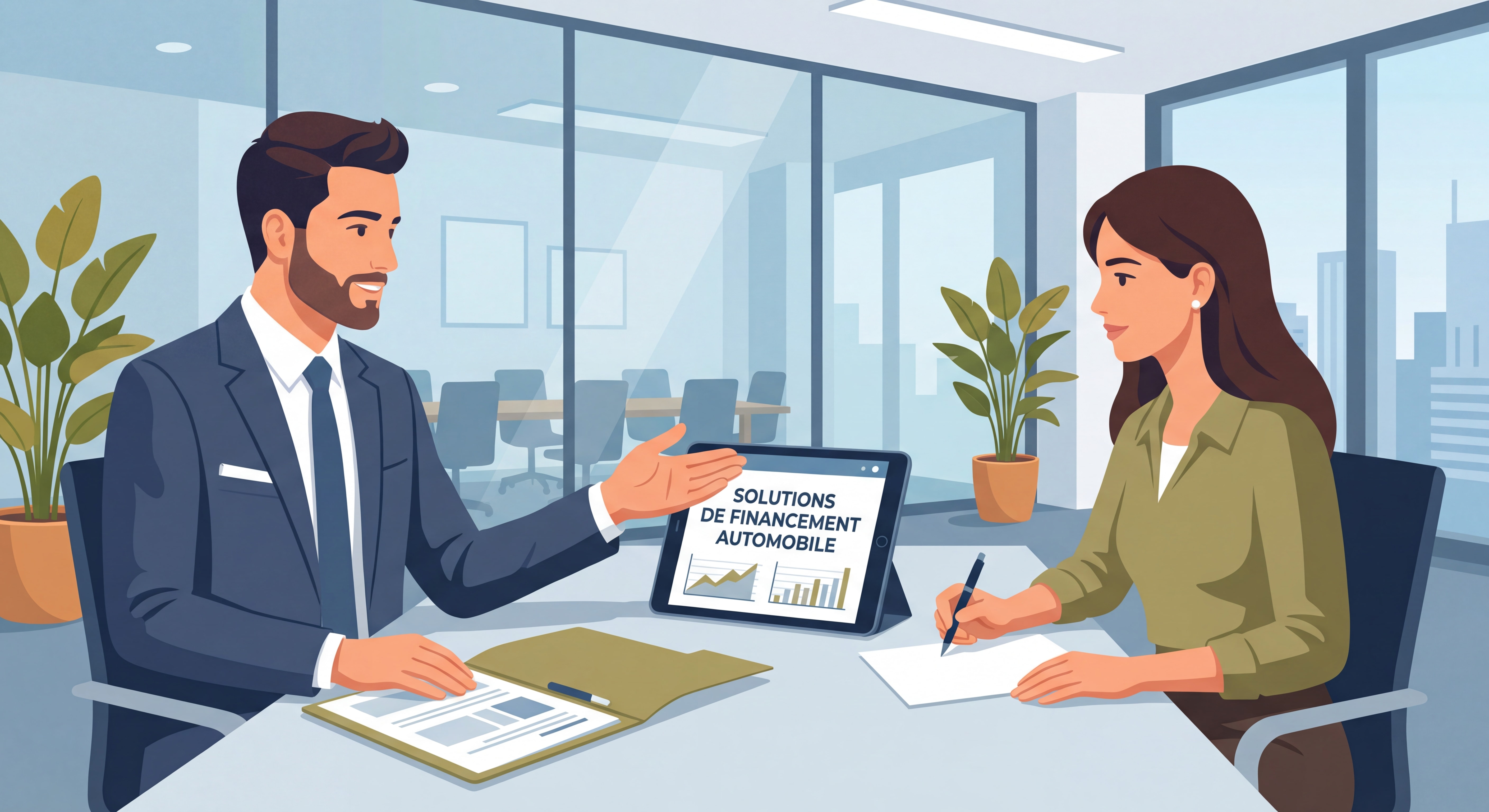 Conseiller financier présentant des solutions de financement automobile à un client avec documents et tablette