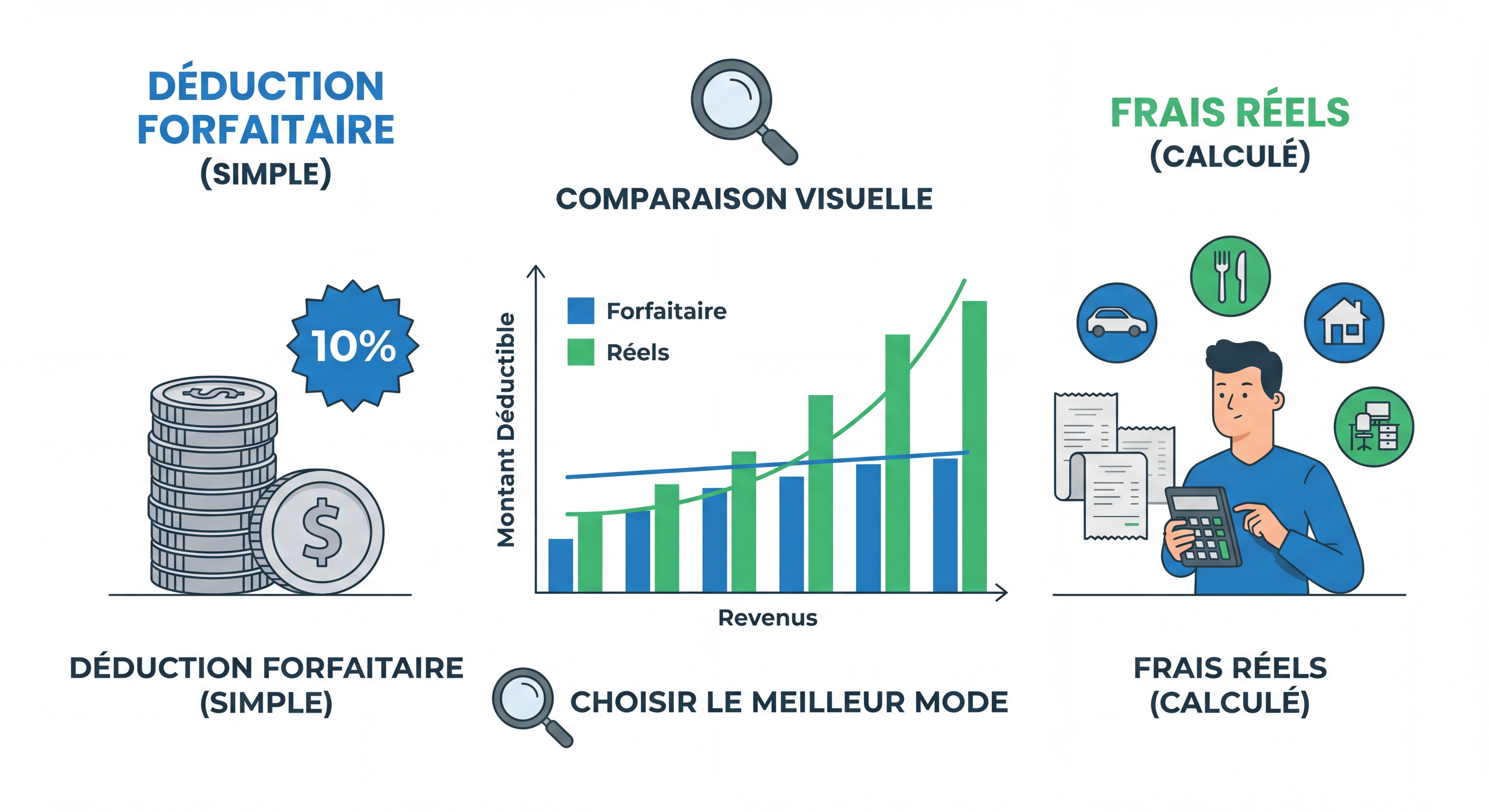 Comparaison visuelle entre déduction forfaitaire et frais réels avec graphique