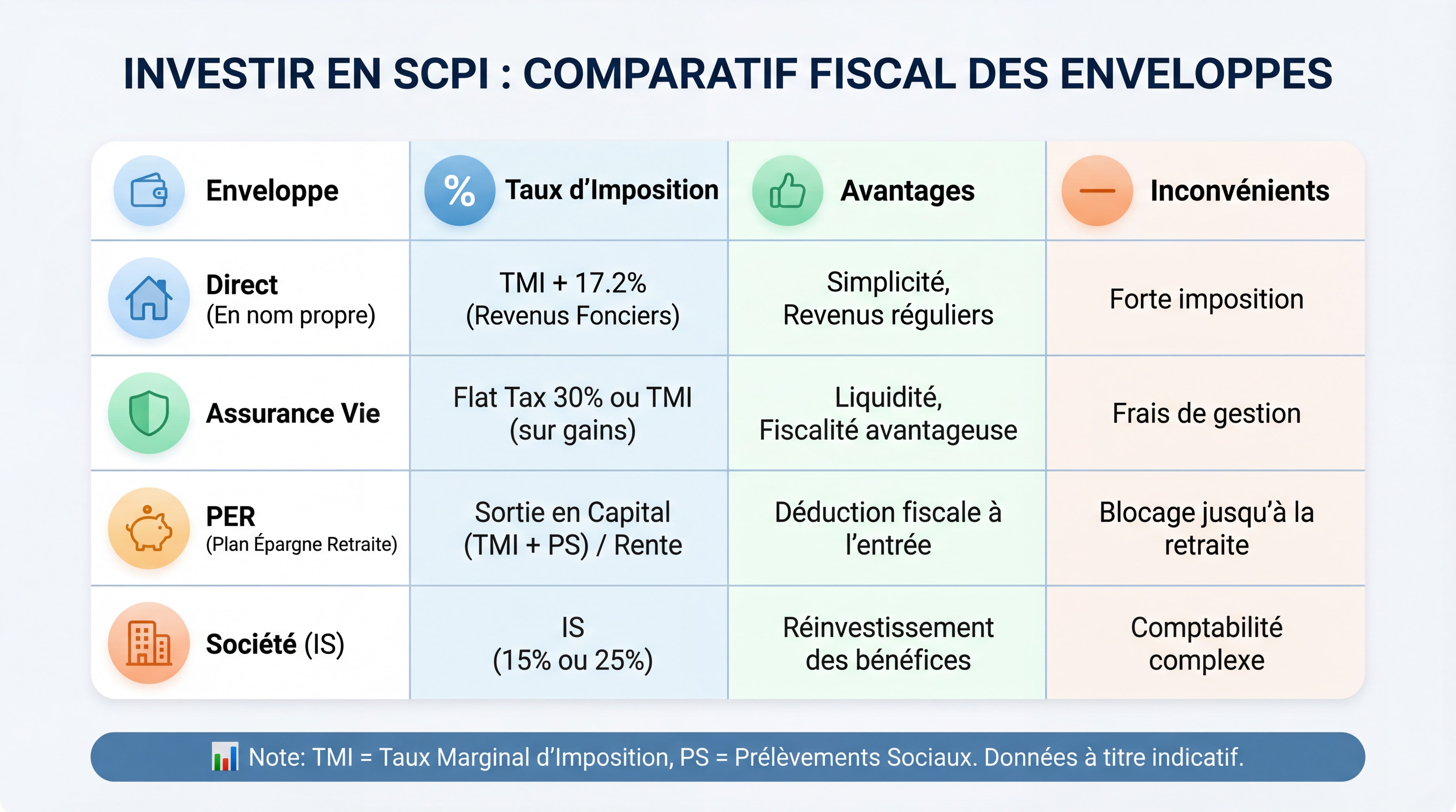 Tableau comparatif des différentes enveloppes fiscales pour investir en SCPI avec taux d'imposition
