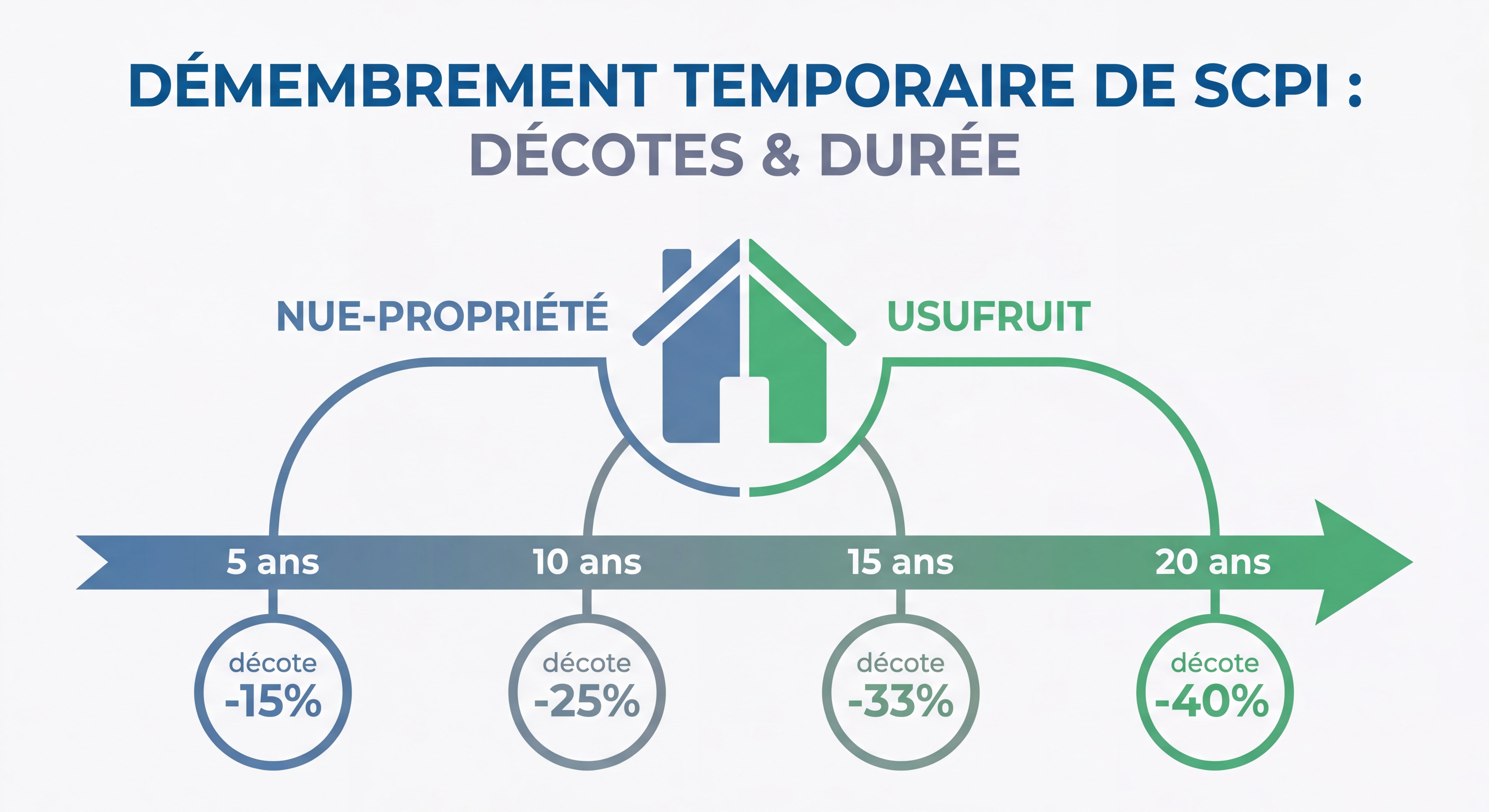 Schéma explicatif du démembrement temporaire de SCPI avec décotes selon la durée
