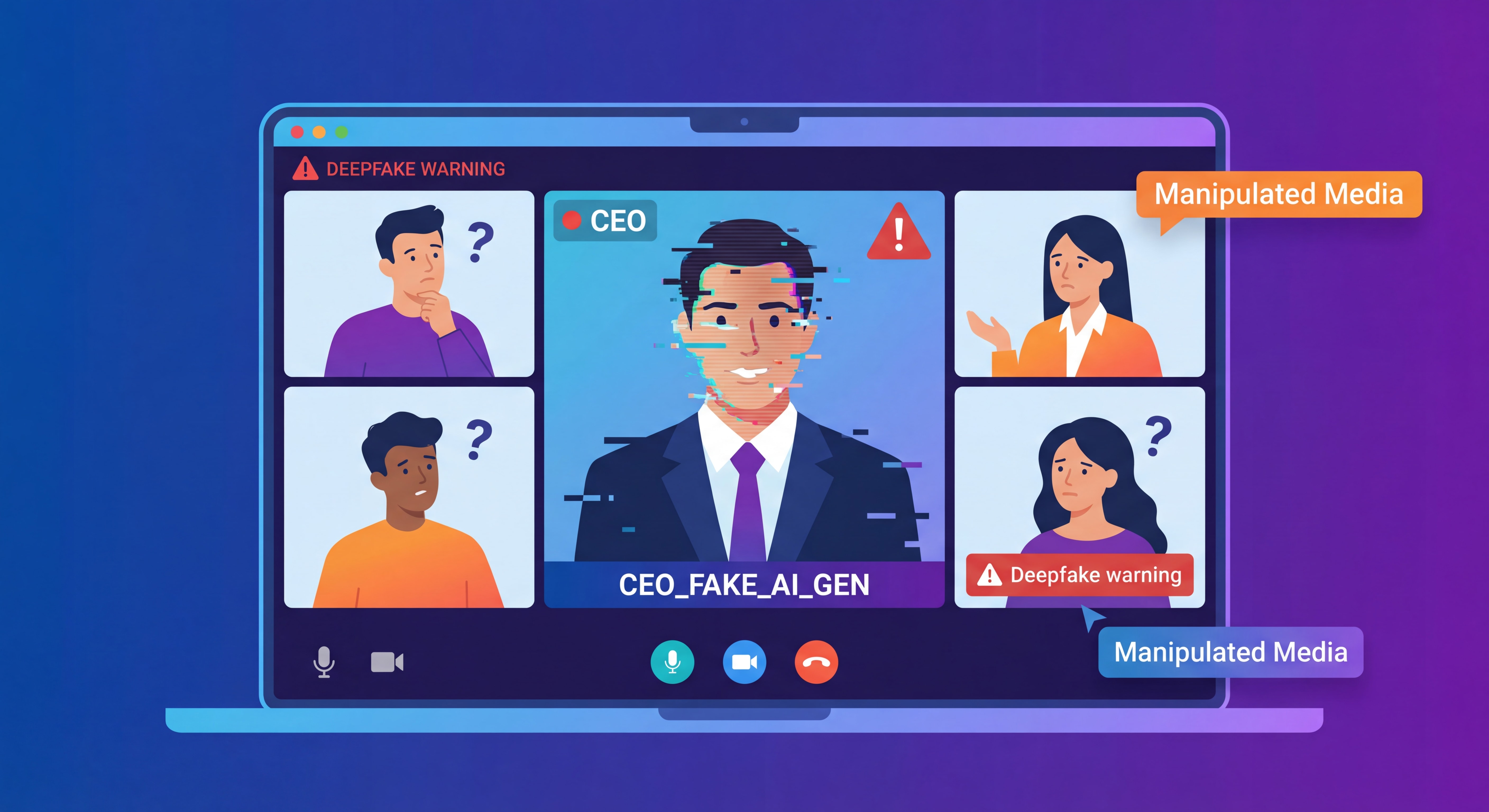 Illustration d'un deepfake montrant une fausse vidéoconférence avec un dirigeant d'entreprise