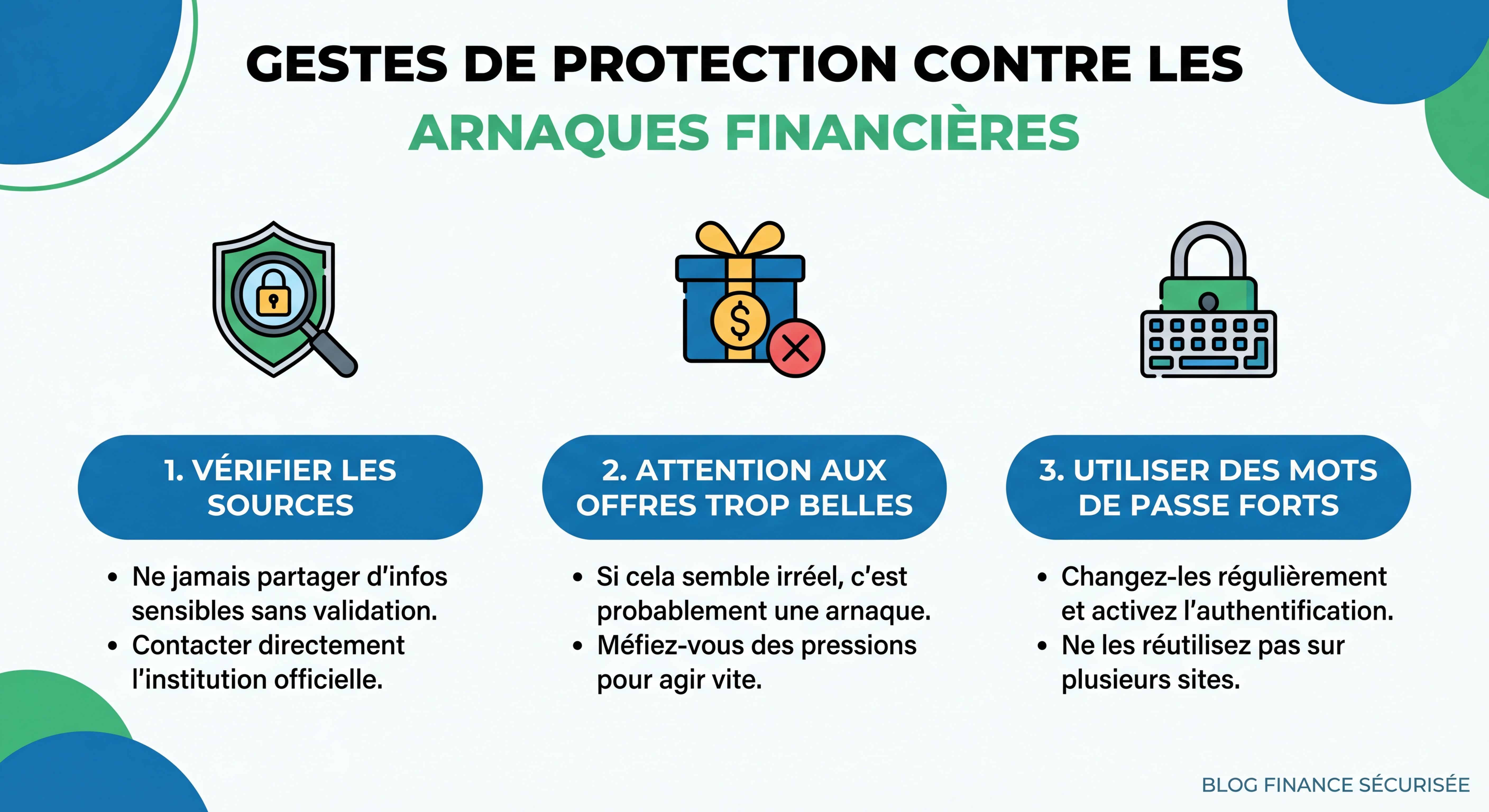 Infographie montrant les gestes de protection contre les arnaques financières