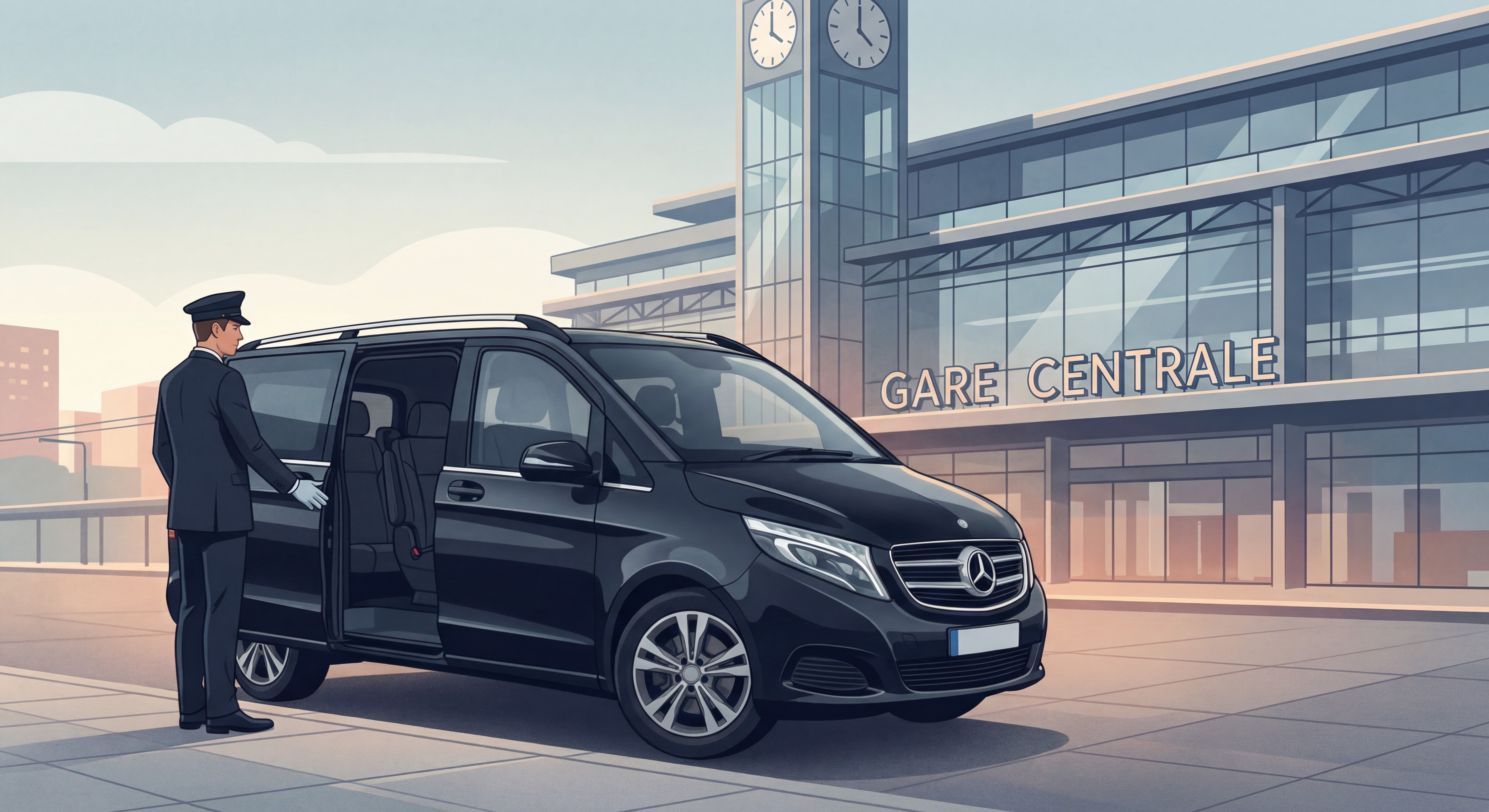 Chauffeur VTC en costume ouvrant la porte d'un van Mercedes noir devant une gare