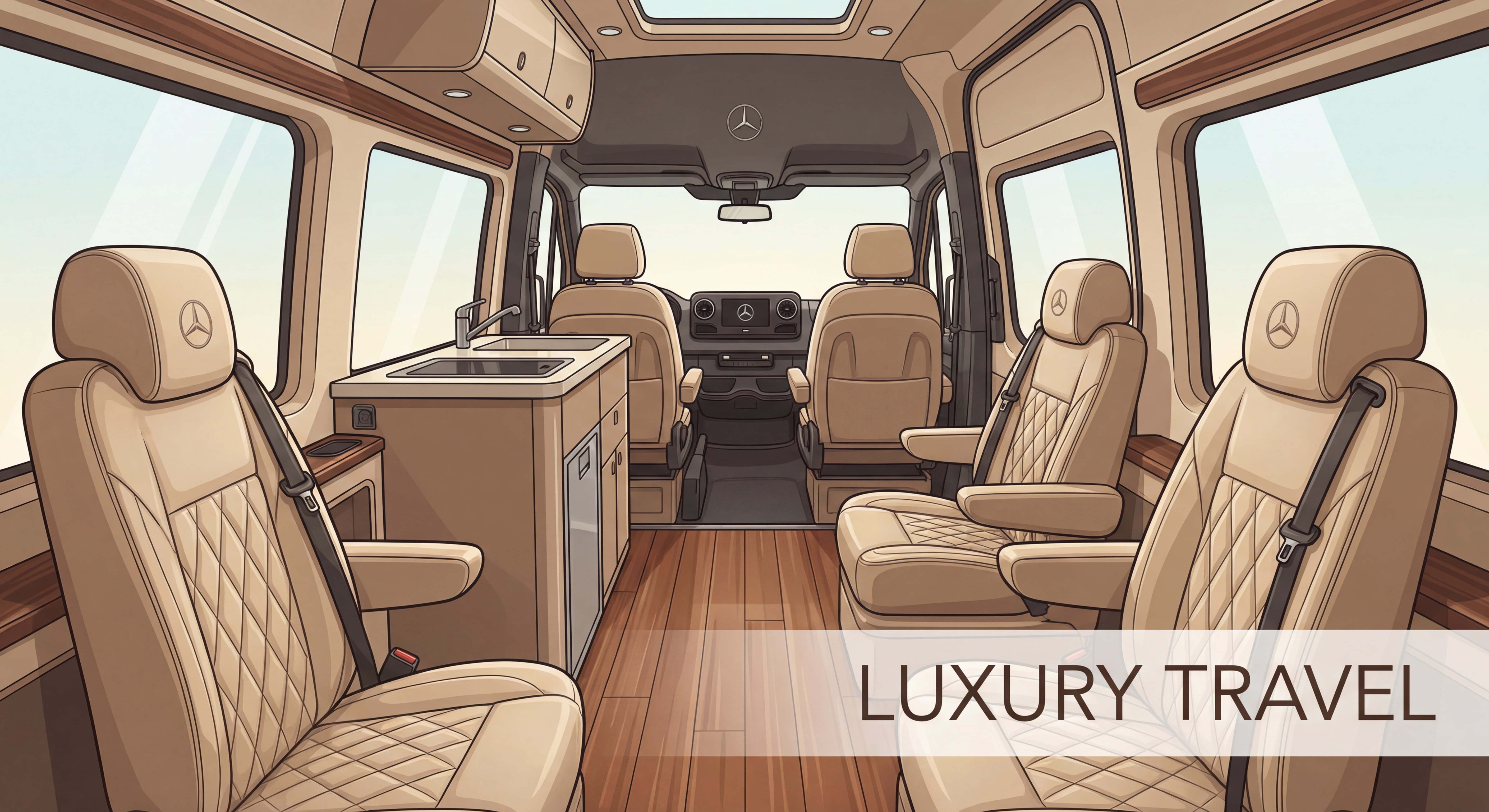Intérieur luxueux d'un van Mercedes avec sièges en cuir beige et espace spacieux
