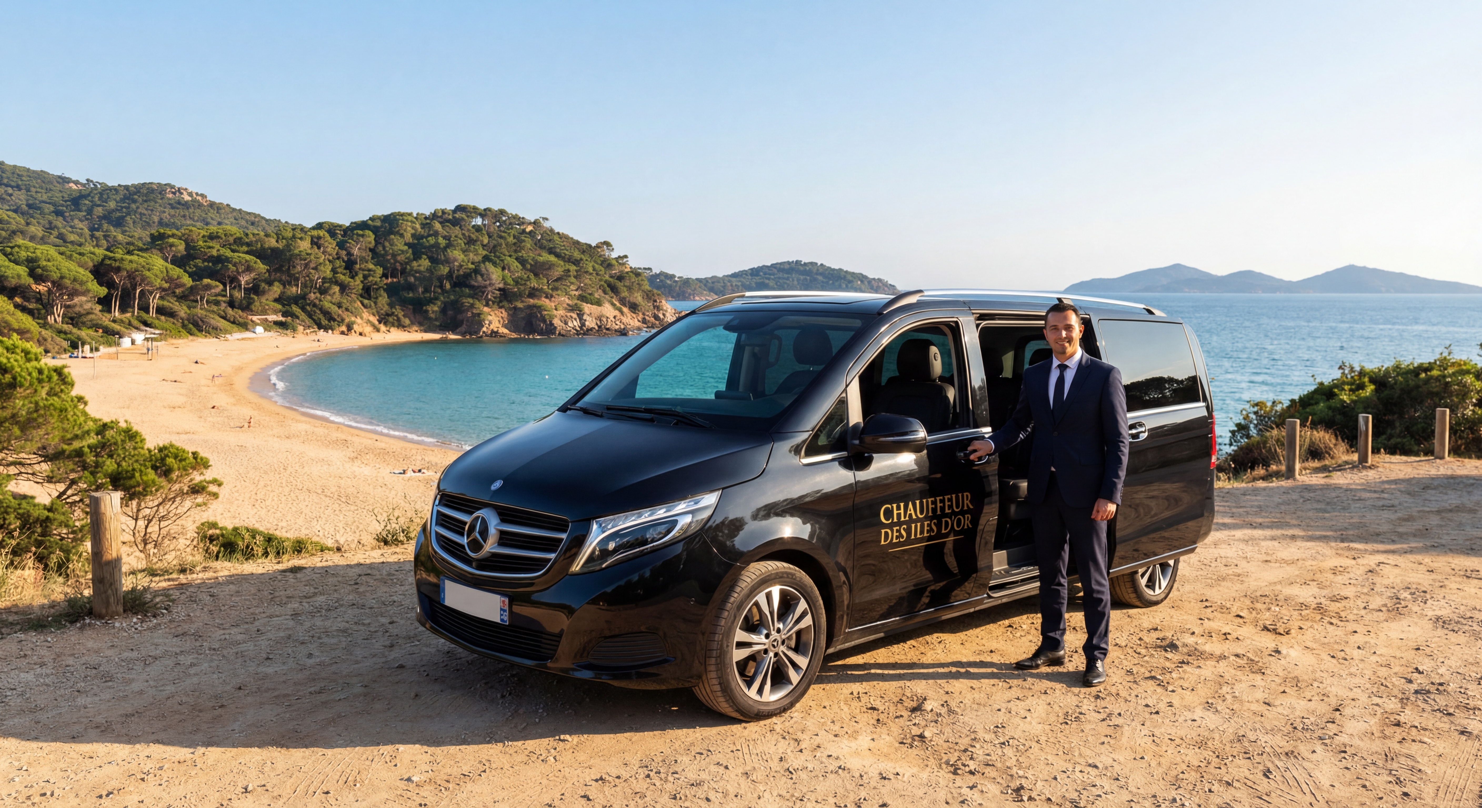 Van Mercedes noir floqué CHAUFFEUR DES ILES D'OR devant la plage de Gigaro à La Croix-Valmer avec chauffeur en costume