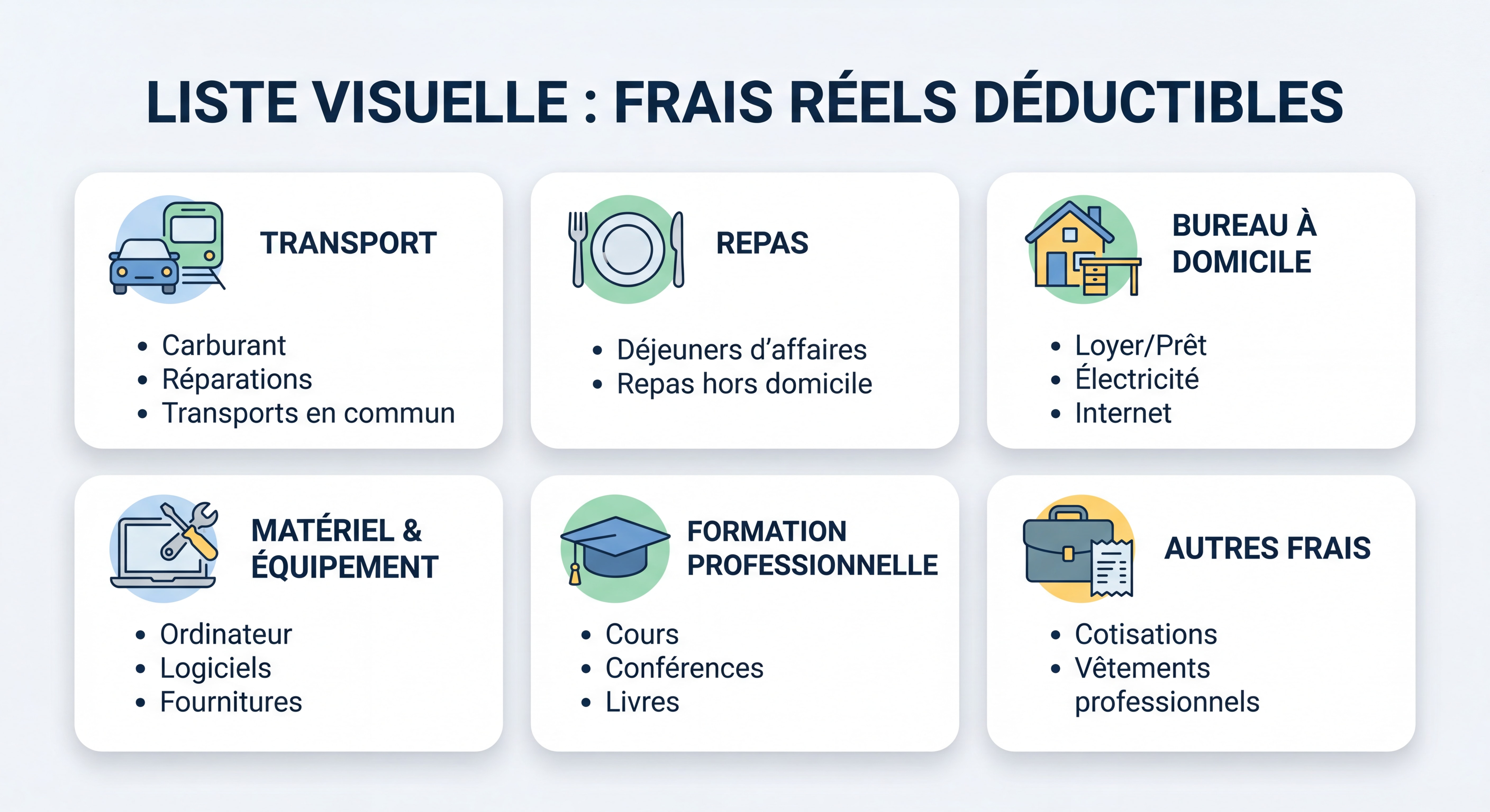 Liste visuelle des différentes catégories de frais réels déductibles avec icônes