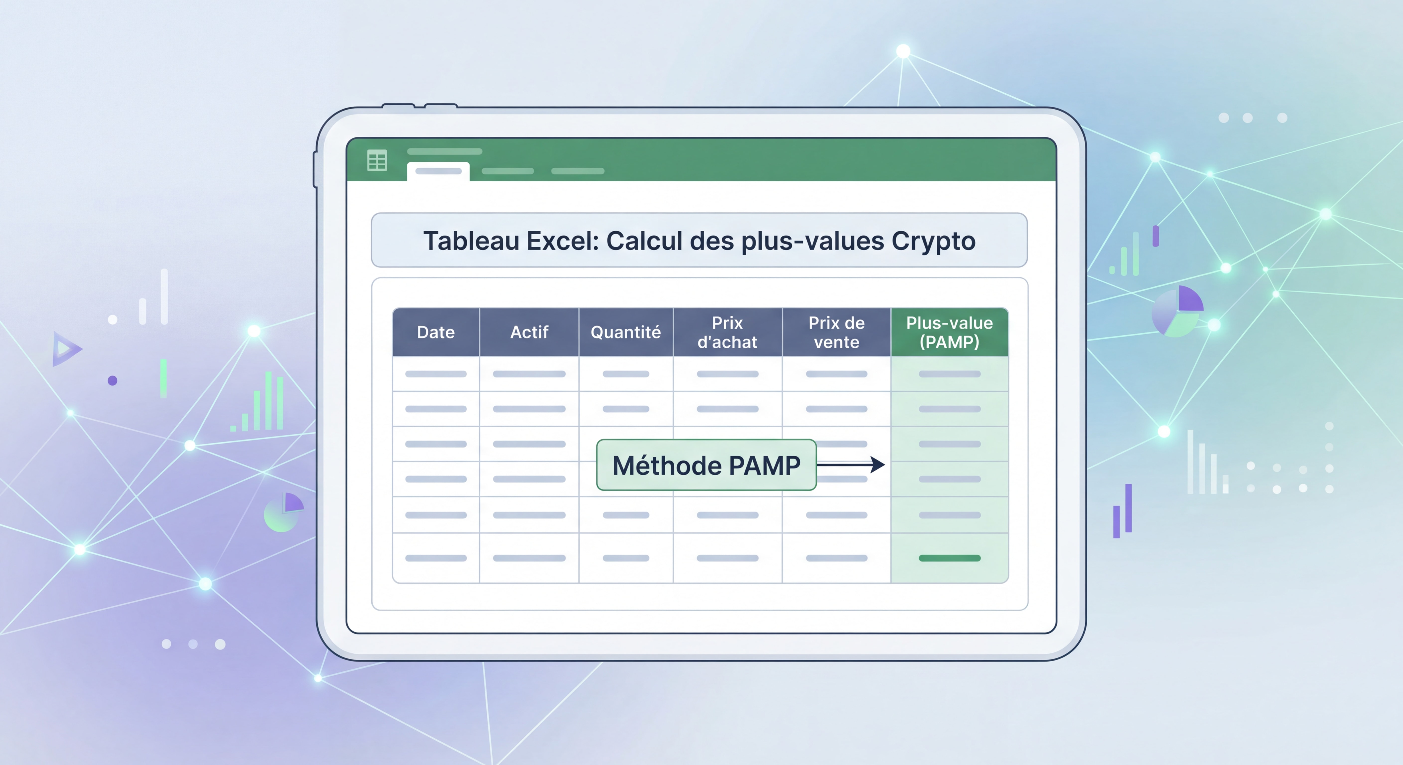 Tableau Excel montrant le calcul des plus-values crypto avec la méthode PAMP