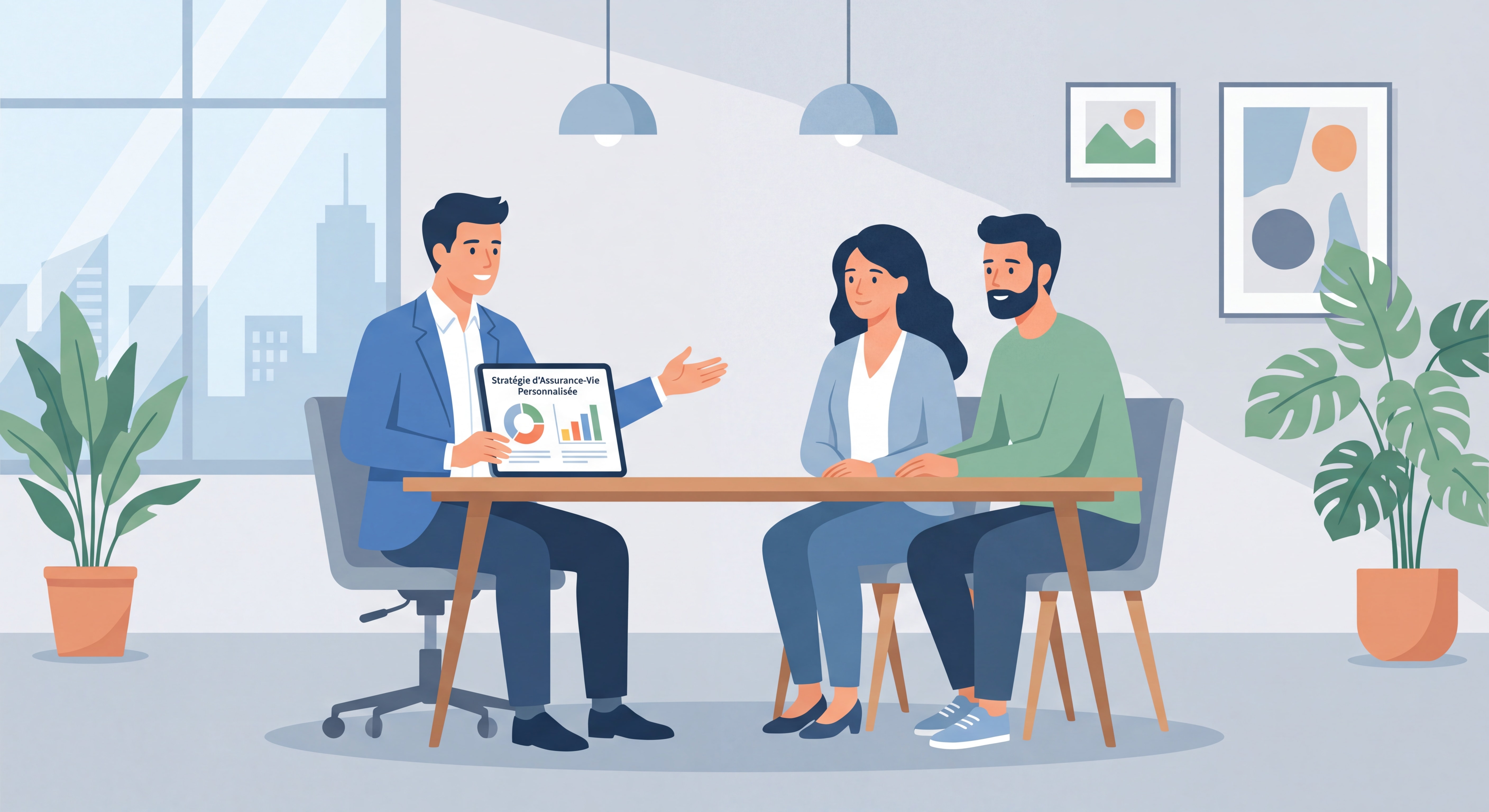 Conseiller en gestion de patrimoine présentant une stratégie d'assurance-vie personnalisée à un couple