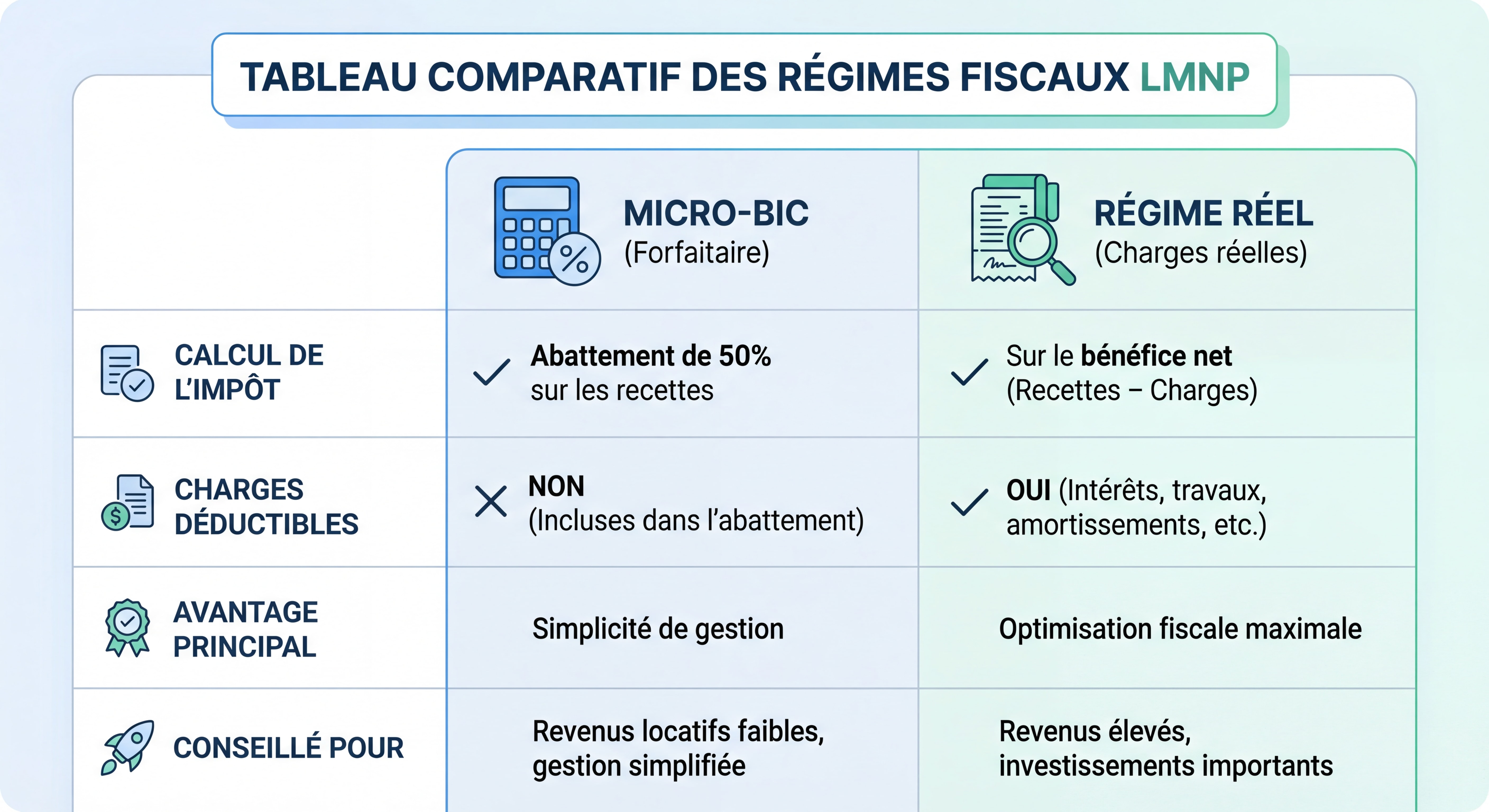 Tableau comparatif des régimes fiscaux LMNP - Micro-BIC vs Régime réel