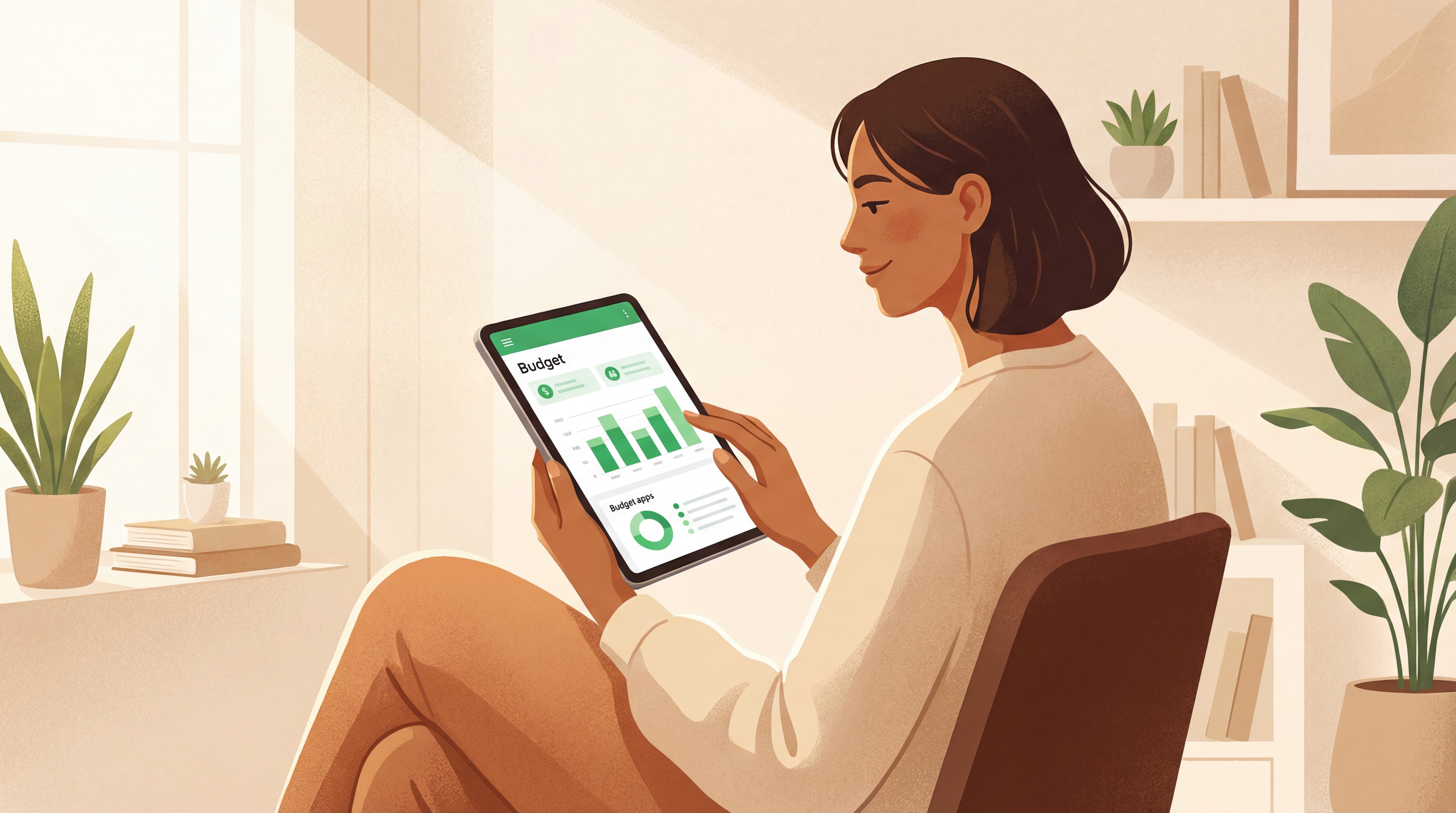 Personne sereine consultant son budget avec confiance sur une tablette